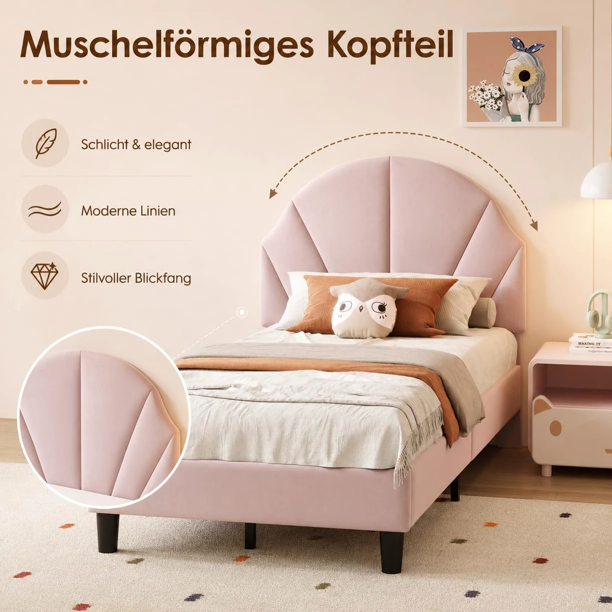 Letto singolo 90 x 200 cm, letto per bambini imbottito con rete a doghe per bambina, letto giovane imbottito con testiera regolabile per cameretta dei bambini, senza materasso
