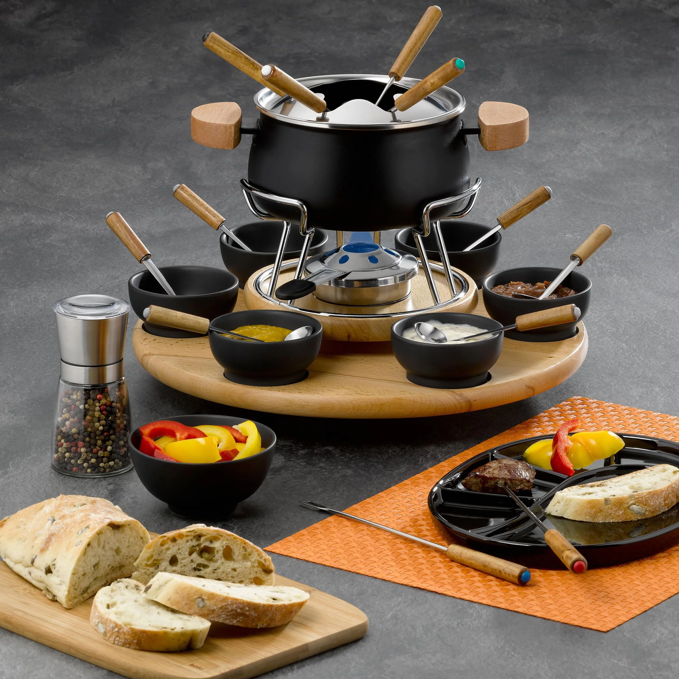 Kela set fonduta carne 23 pezzi 6 persone NATURA piastra girevole legno