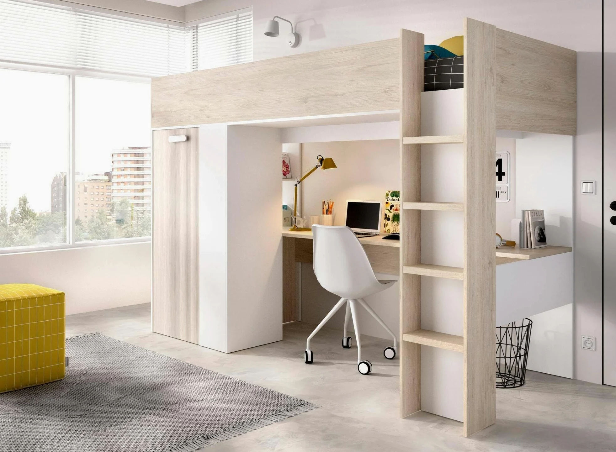 Dmora - Composizione camera da letto Focoletta, Stanza da letto completa, Cameretta per bambini, Set per arredo a ponte, 206x111 h178 cm, Bianco e Rovere