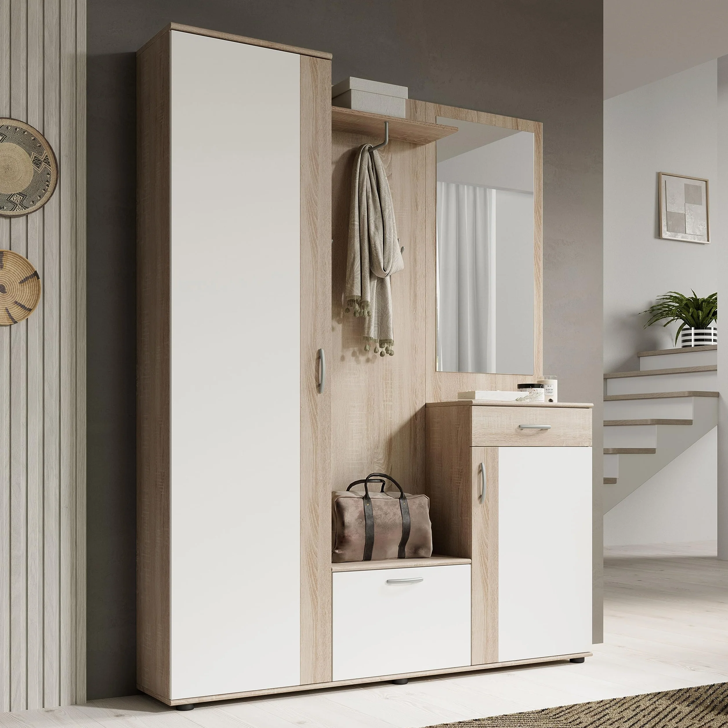 Stella Trading, PATENT Set mobili da ingresso in rovere sonoma, bianco, moderno con specchio, 145 x 184 x 29 cm