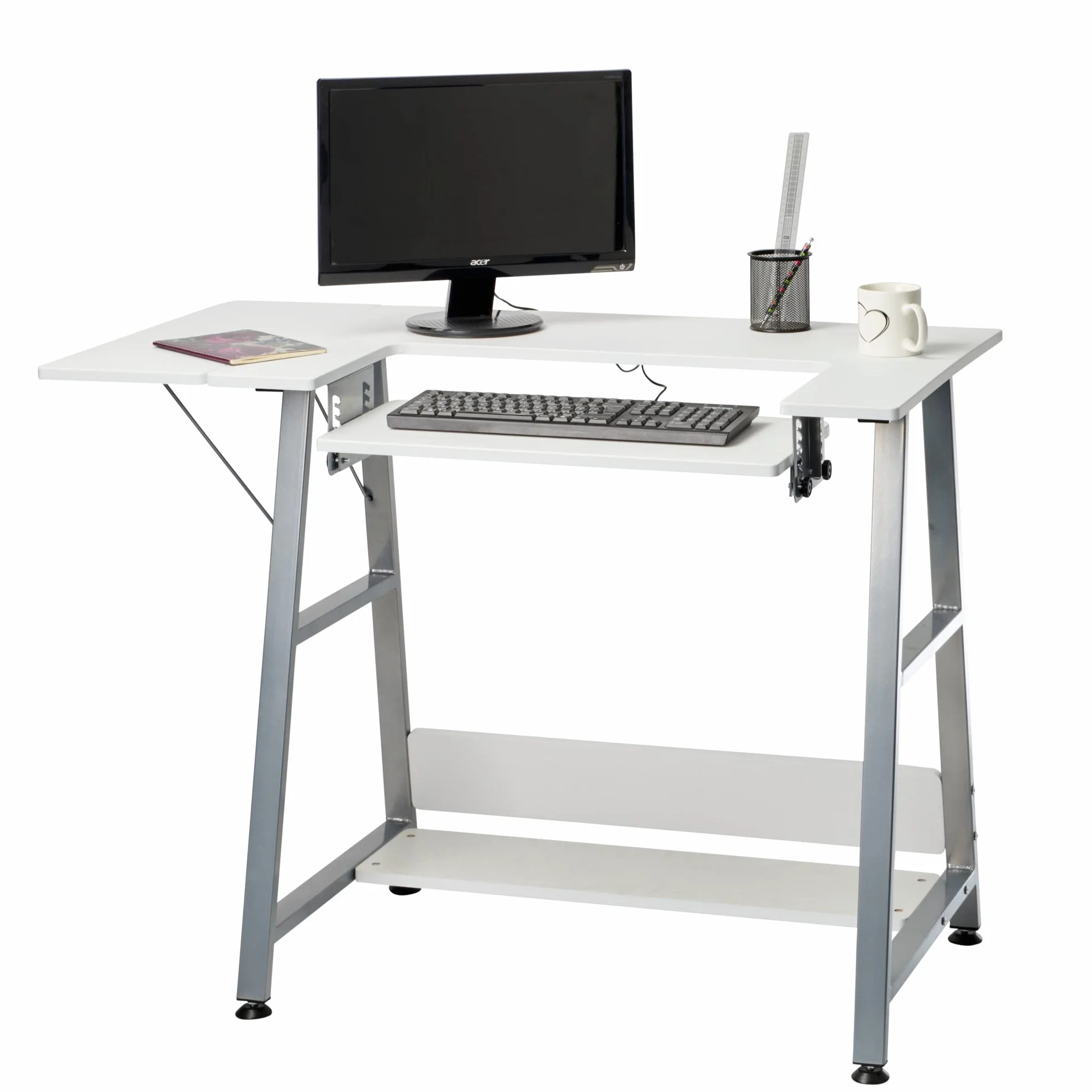 Tavolo da Cucito Piccolo Bianco con Gambe Argento per Macchina da Cucire con Piattaforma Regolabile