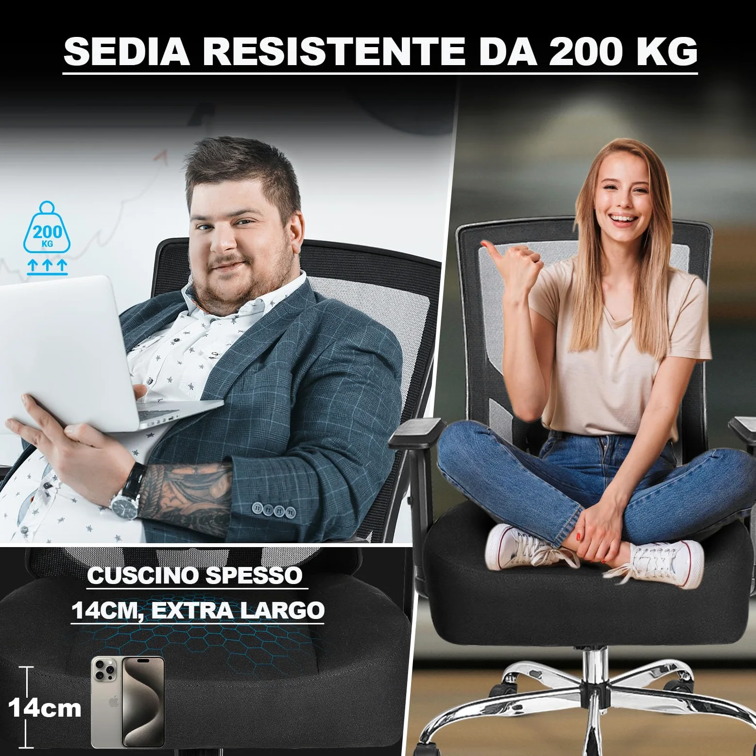 MELOKEA Sedia Ufficio Ergonomica XXL, Big & Tall con Seduta a Molle | 200kg Portata, Schienale Alto, Seduta Extra Larga 14cm, Ruote in Gomma, Sedia Gaming