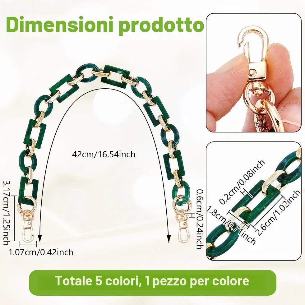 PH PandaHall 5 Colori Catena per Borsa Acrilico 42cm Cinturino a Catena Retrò Manici per Borse in Acrilico Catena Piatta con Fermagli