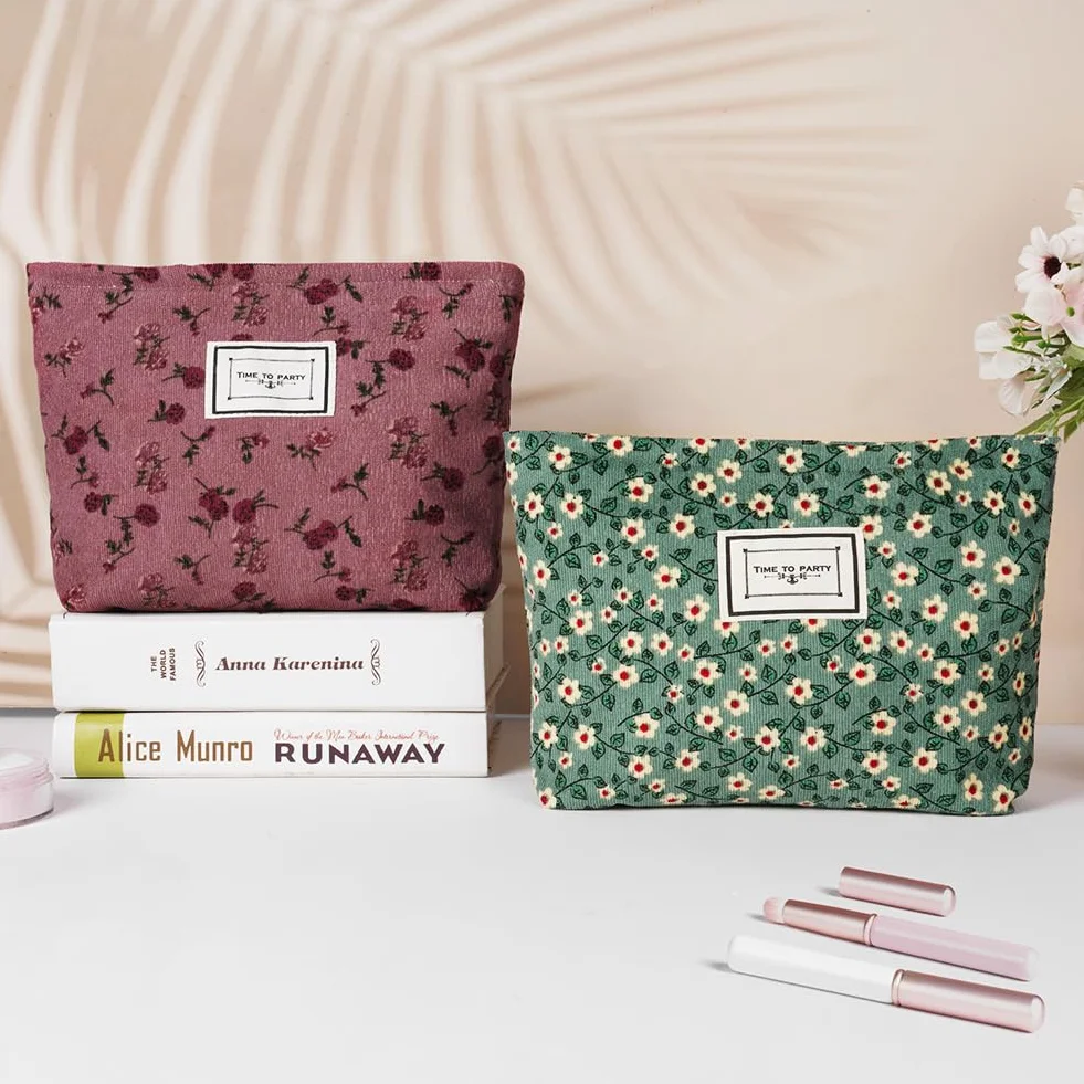 Aucuu Beauty Case da Viaggio 2 in 1 Borsa Cosmetici Donna Floreale Velluto a Coste