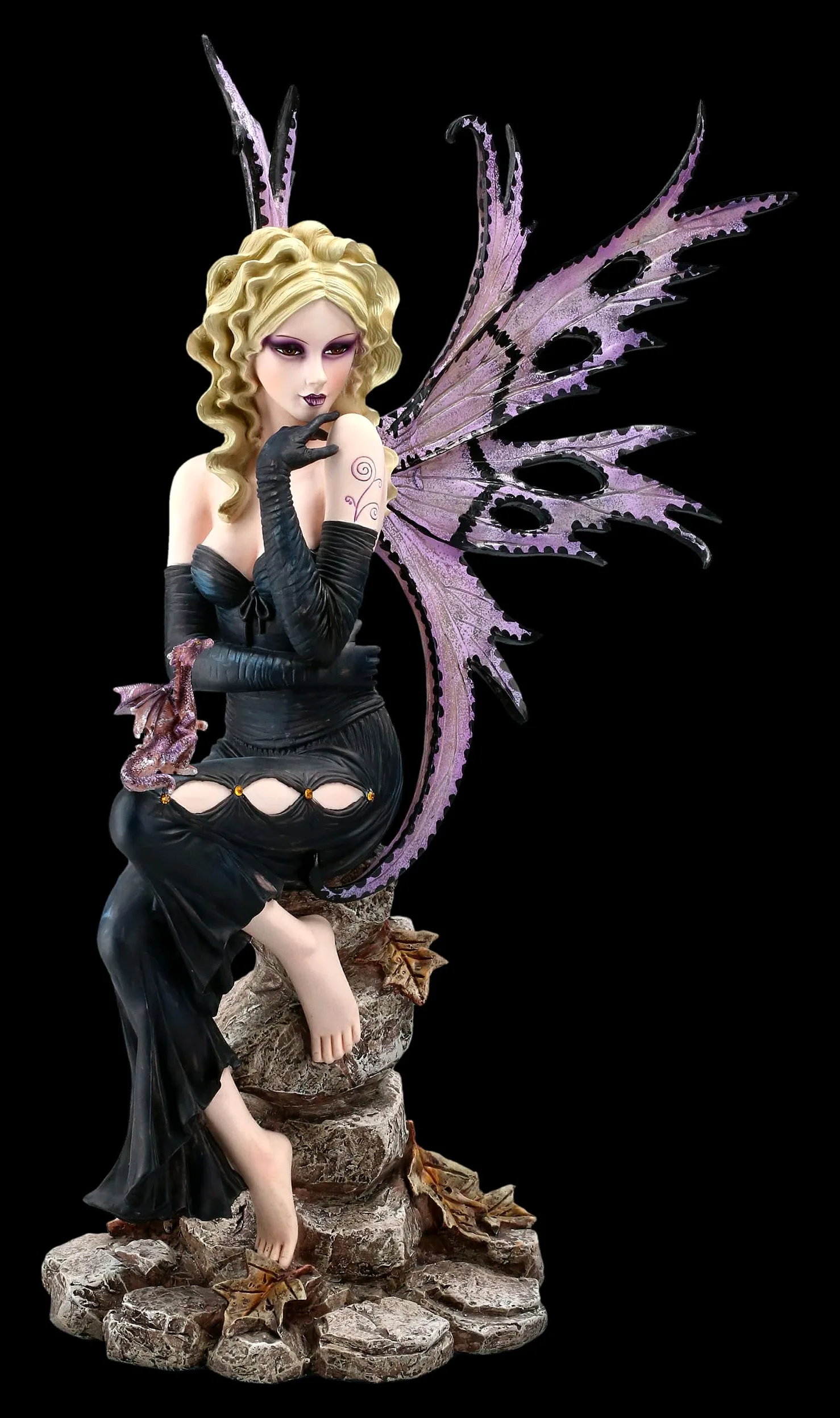 Elfo seducente Liliana con drago viola 50 cm, sensuale, biondo, abito scuro, statua d'elfo, figura fata