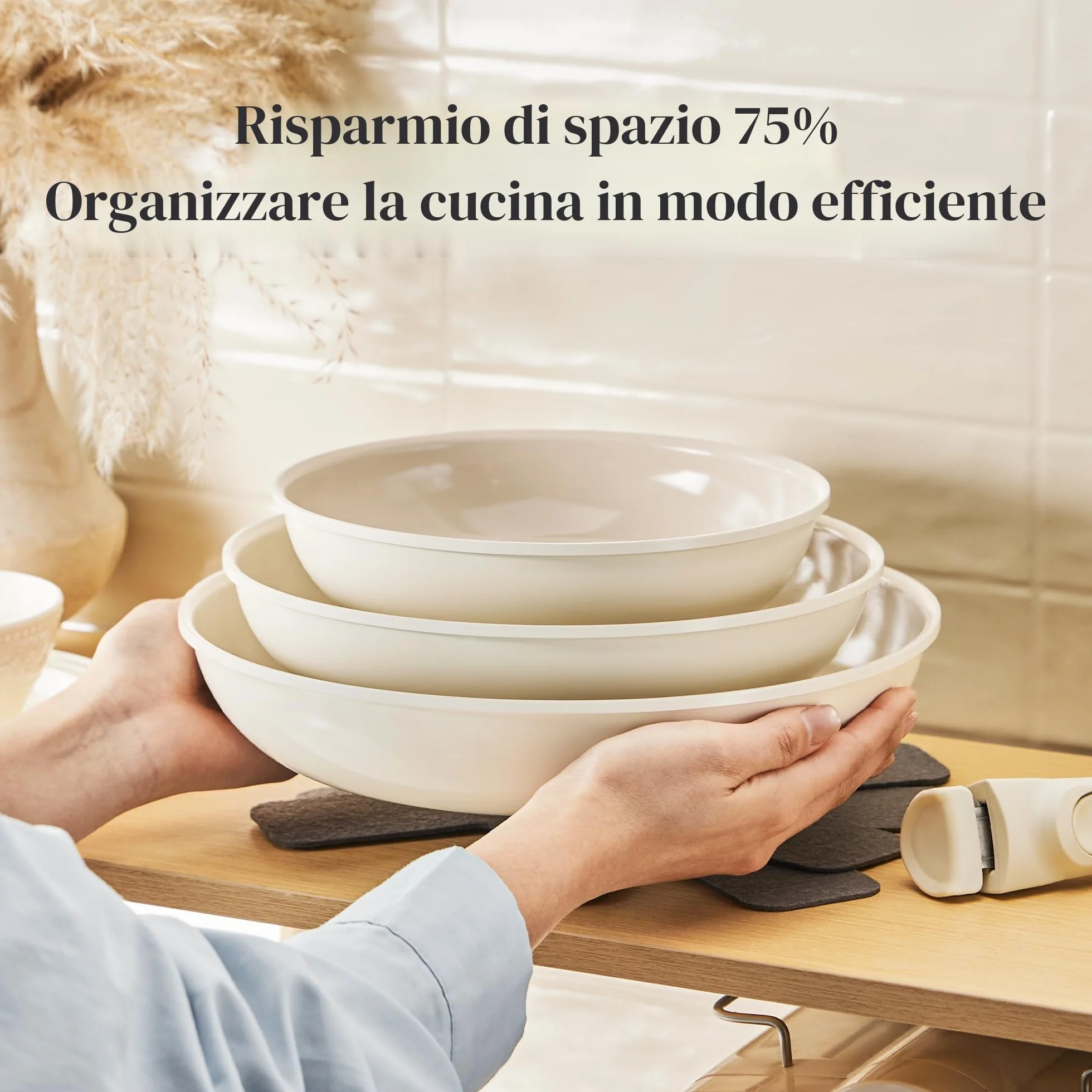 Redchef Set di Padelle con Manico Rimovibile, Padella in Ceramica con Antiaderente in Granito, Adatto All’Induzione, Padella 20, 24, 28 cm, Salvaspazio, Senza Ptfe & Pfoa & Pfas, Beige