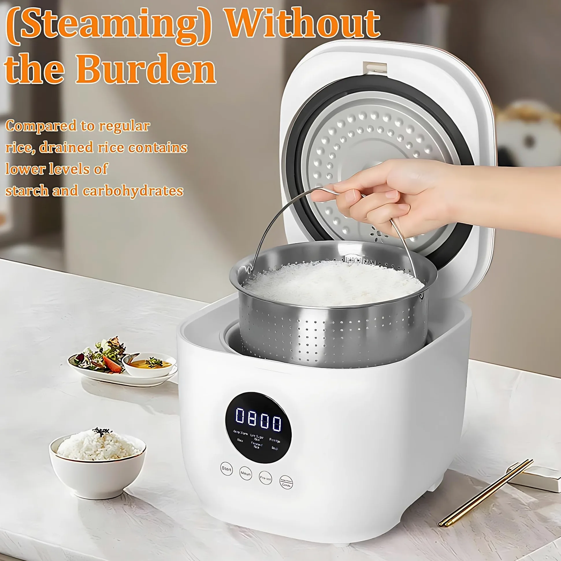 Cuociriso a Basso Contenuto di zuccheri, cuociriso Portatile da 3 Litri, 5 modalità di Cottura, appuntamento Intelligente per 24 Ore, conservazione del Calore per 8 Ore, Interno in Ceramica