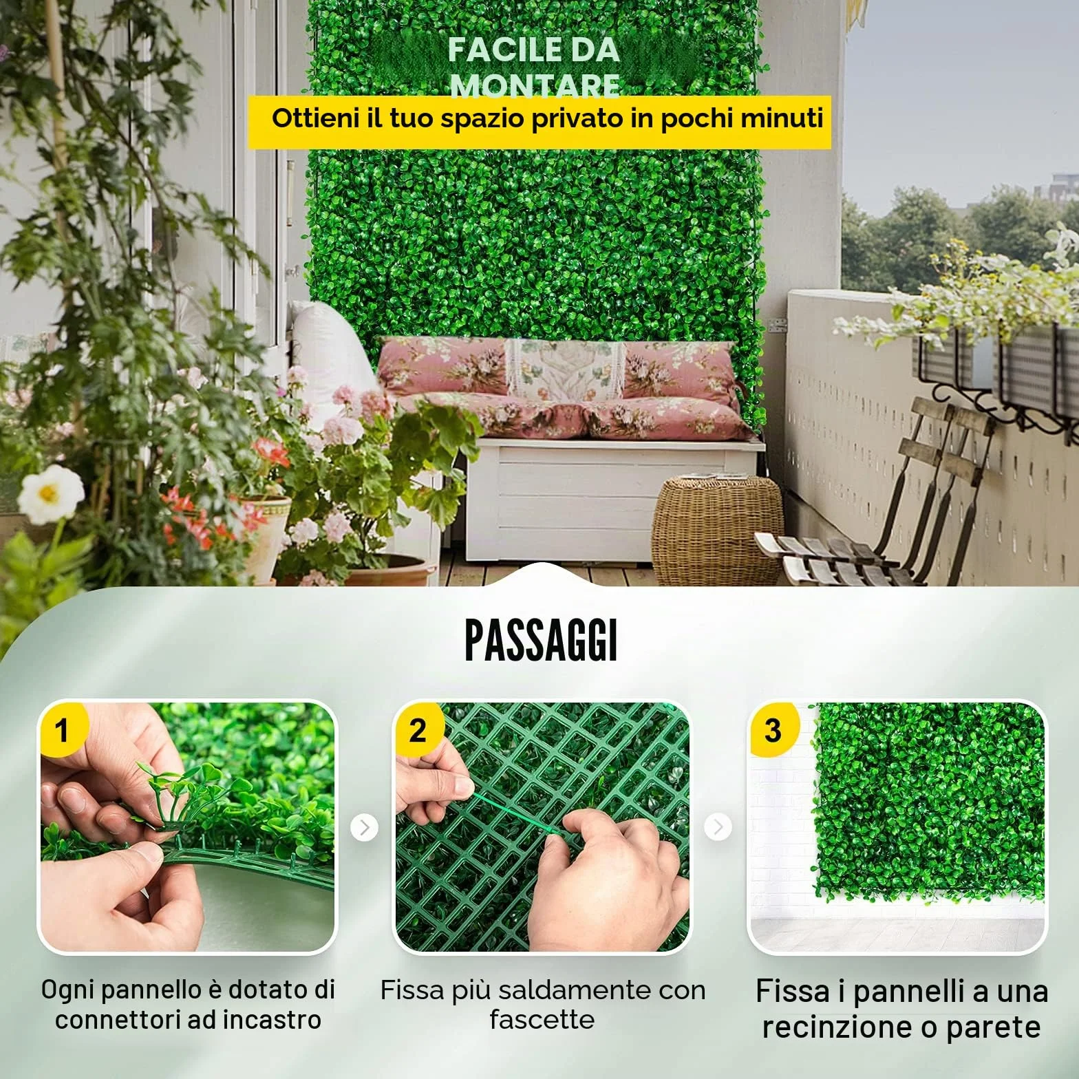 VEVOR 24 Pezzi Artificiale Pannello da Siepe di Bosso, 25,4 x 25,4 cm, Siepi Artificiali, Recinzione Artificiale Bosso, Edera Finta Effetto Realistico Decorazione Plastica Verde, Spessore da 4 cm