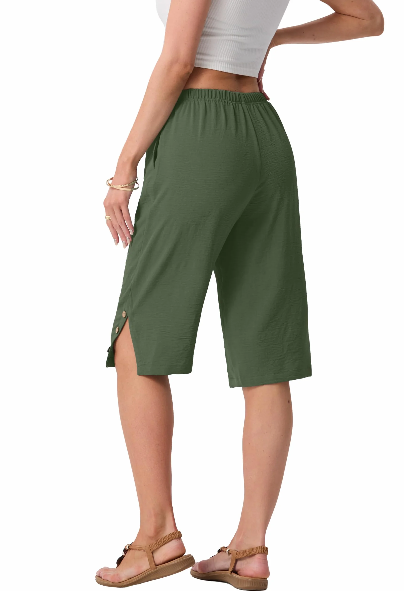 IWOLLENCE Pantaloni corti estivi da donna, lunghezza al ginocchio, con spacco laterale, bottoni decorativi in legno, leggeri e traspiranti, elastico in vita