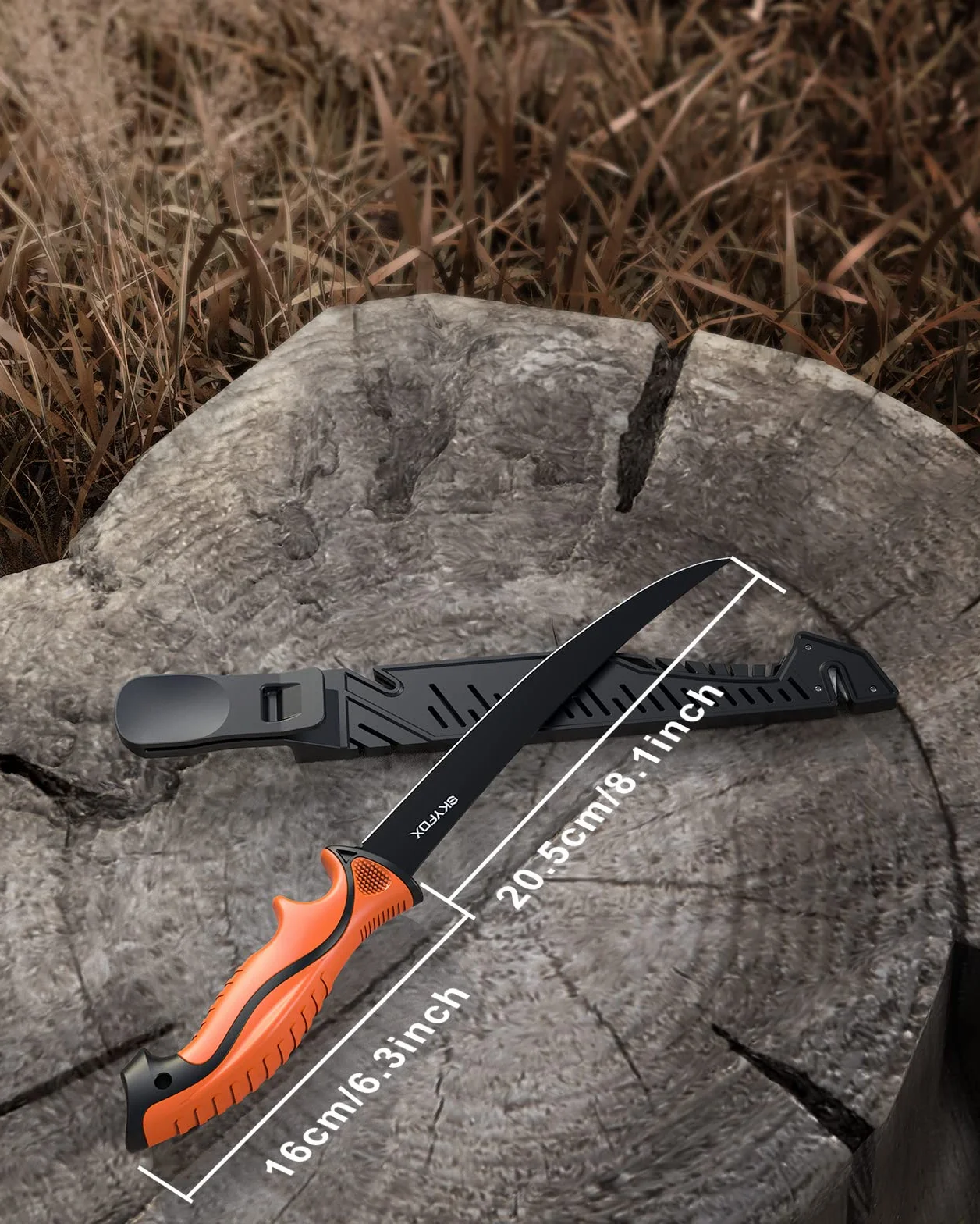 SkyFox Coltelli a rete, coltello da cucina affilato, coltello da sopravvivenza esterno, coltello da pesca in acciaio inossidabile con guaina di protezione, manico ergonomico (lama 20 cm)