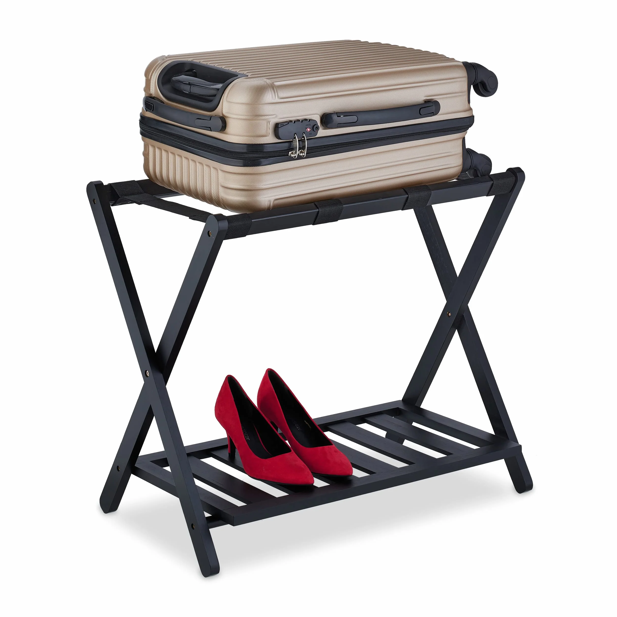 Relaxdays Portavaligie Pieghevole in Bambù e Nylon 59x68x40 cm 2 Ripiani Nero