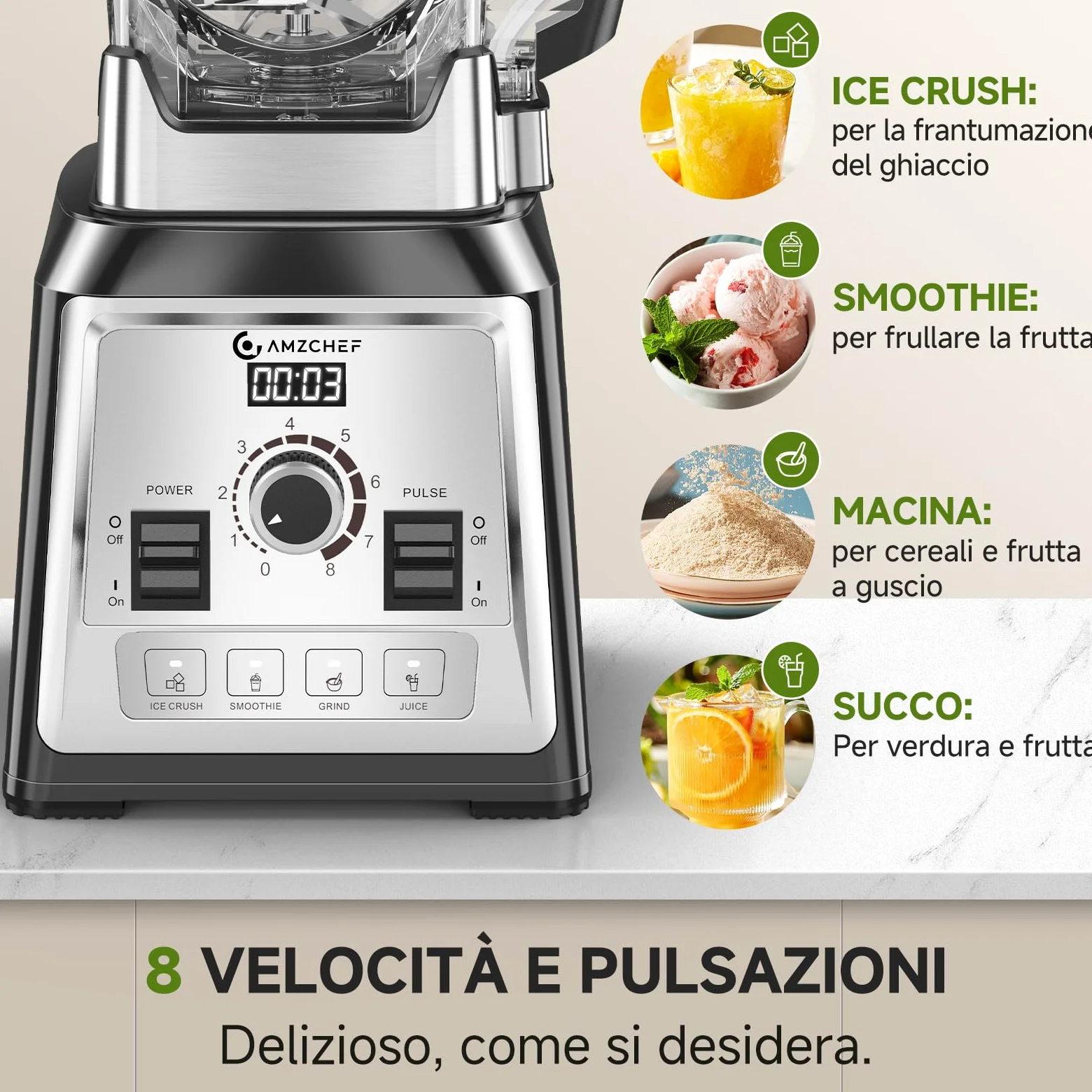 AMZCHEF Frullatore da 2000 Watt, 2 litri, frullatore potente con 8 velocità regolabili e 4 programmi preliminari per ghiaccio tritato, frullati, frullatore per carne, senza BPA