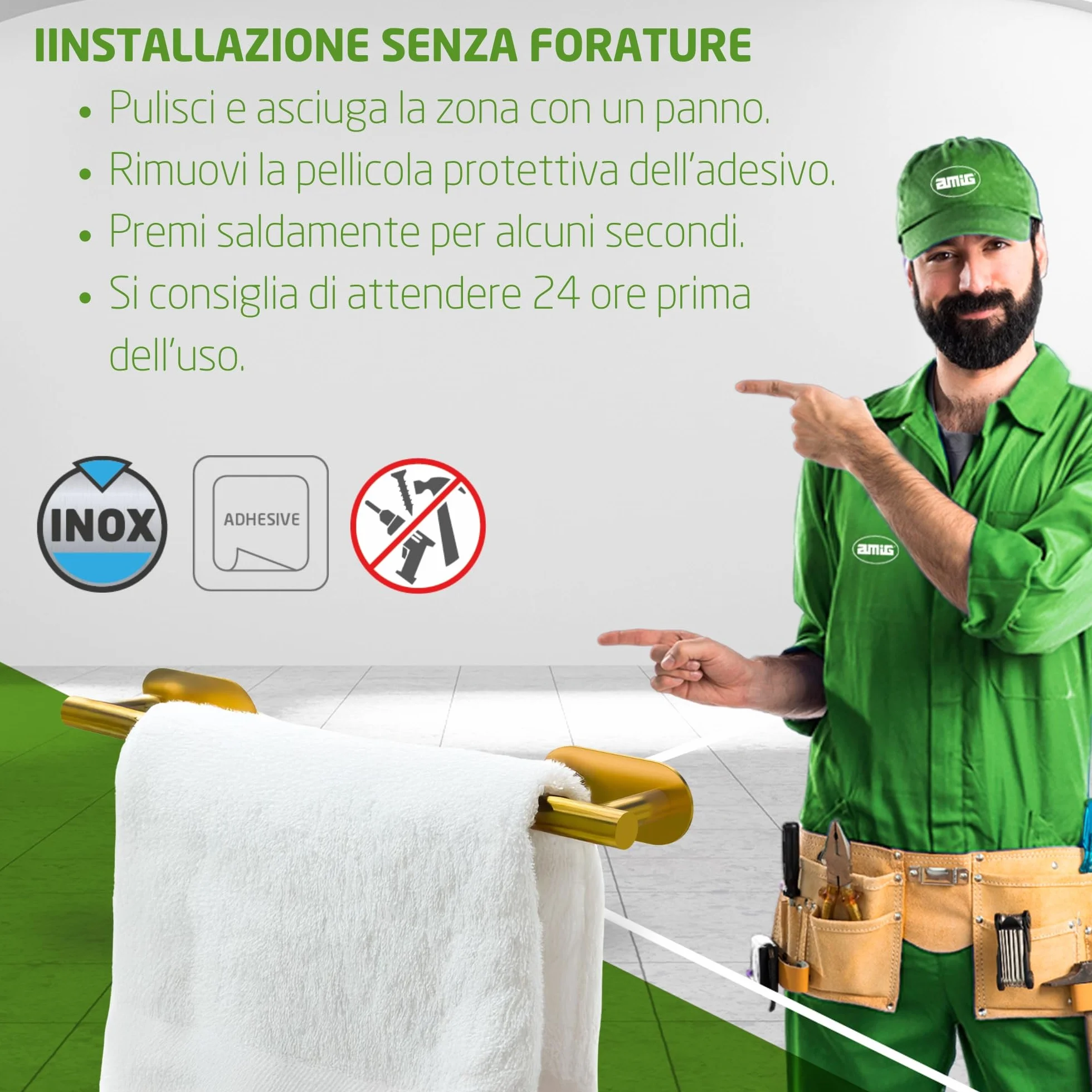 Portasciugamani adesivo da bagno Mod. Ea-1 230 x Ø19 x 70 x 45 mm Acciaio inossidabile Oro opaco