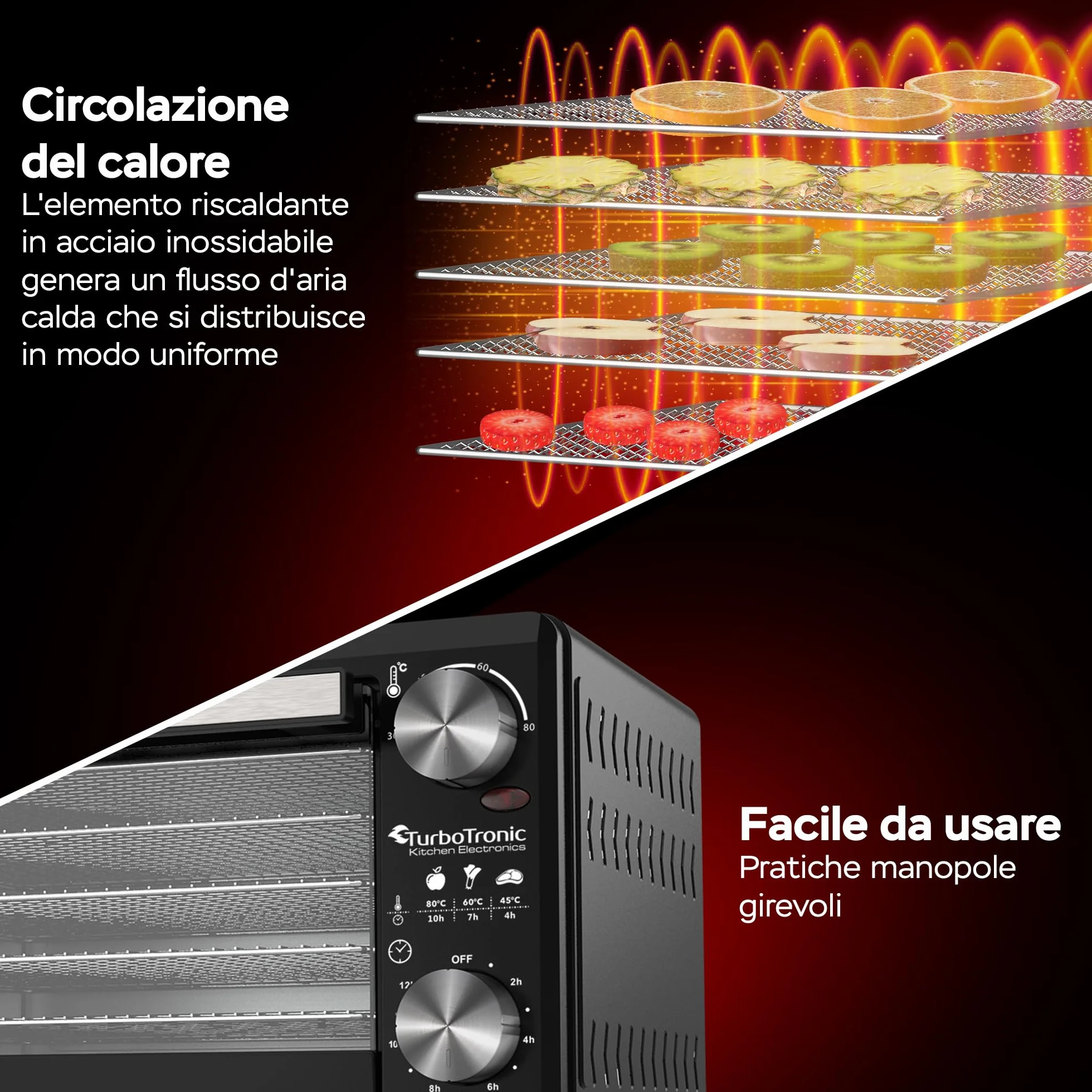 TurboTronic FD14 - Disidratatore Alimentare 14 L con 5 Vassoi - Essiccatore Alimentare a 5 Ripiani per Frutta, Verdura, Funghi, Carne, Pesce ed Erbe - Temperatura e Timer Regolabili (Black)
