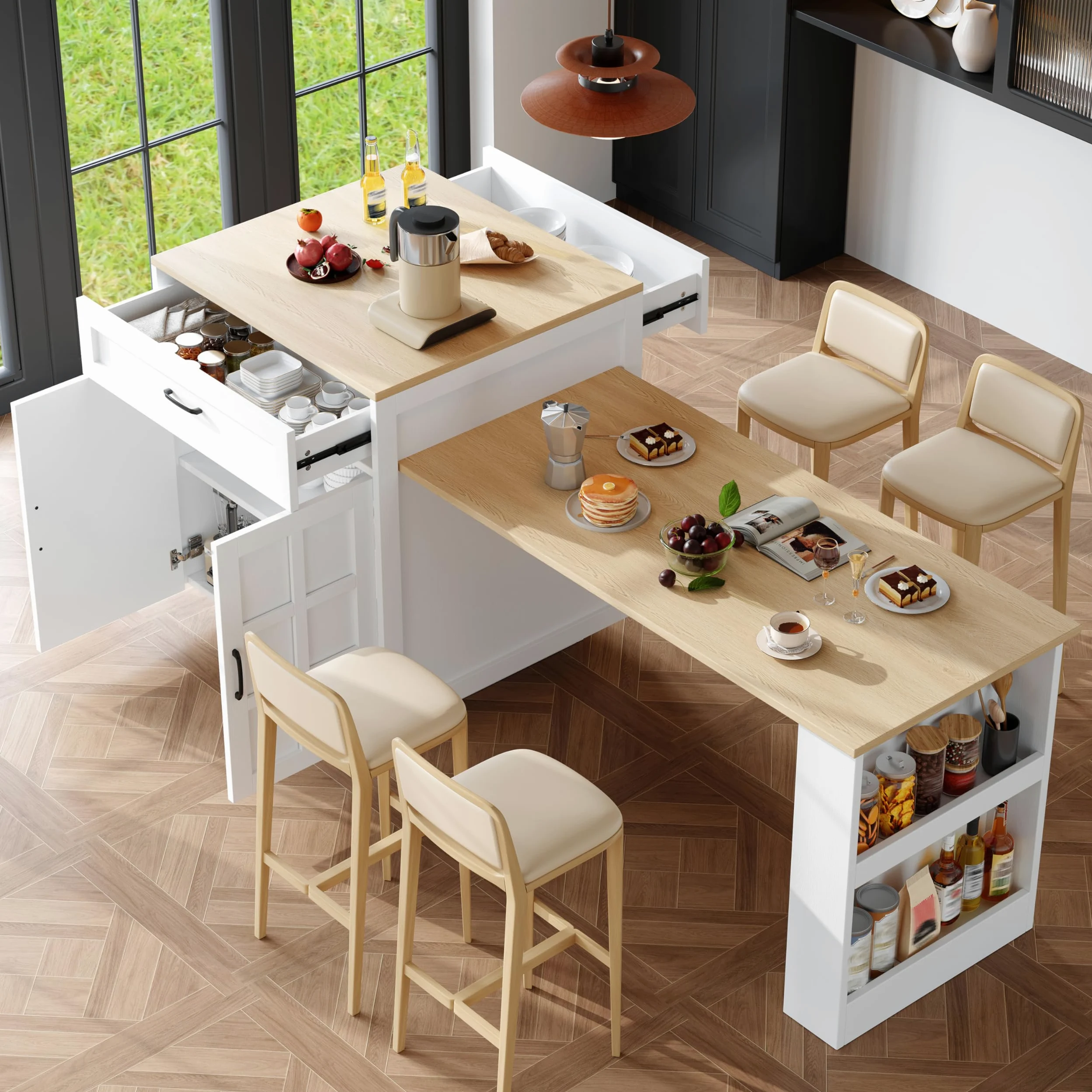 Bladez Isola cucina piano lavoro espandibile, tavolo da cucina allungabile 2-6 persone, tavolo bar con ripiani laterali e cassetti, penisola cucina, angolo bar, nero