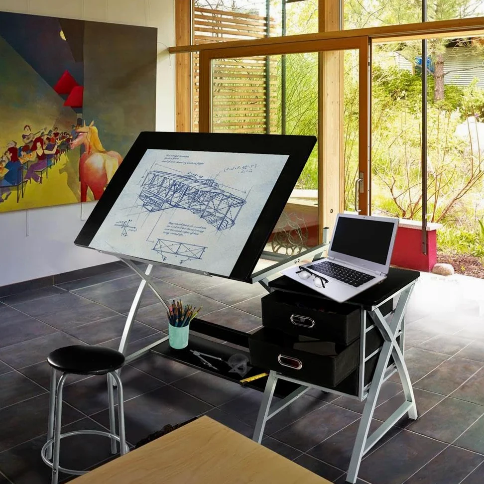 Yaheetech Tavolo da Disegno in Acciaio Inclinabile con 3 cassetti Tavolo da Pittura da Studio Regolabile in Altezza con Sedia Scrivania per Scrivere Leggere Studiare per Artistici Architetti Nero