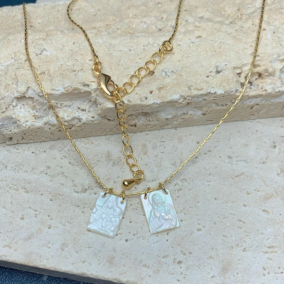 Collana con Scapolare in Madreperla Gesù E Vergine Maria,Collana con Scapolare in Perle Placcata in Oro 14k