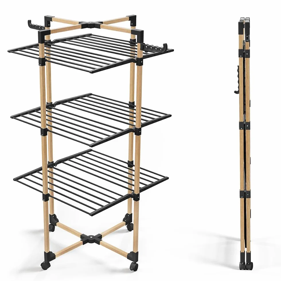 VOUNOT® Stendibiancheria Verticale a Torre 3 Livelli, Modular 3 Stendino Salvaspazio con 4 Ruote per Interni o Esterni, Nero