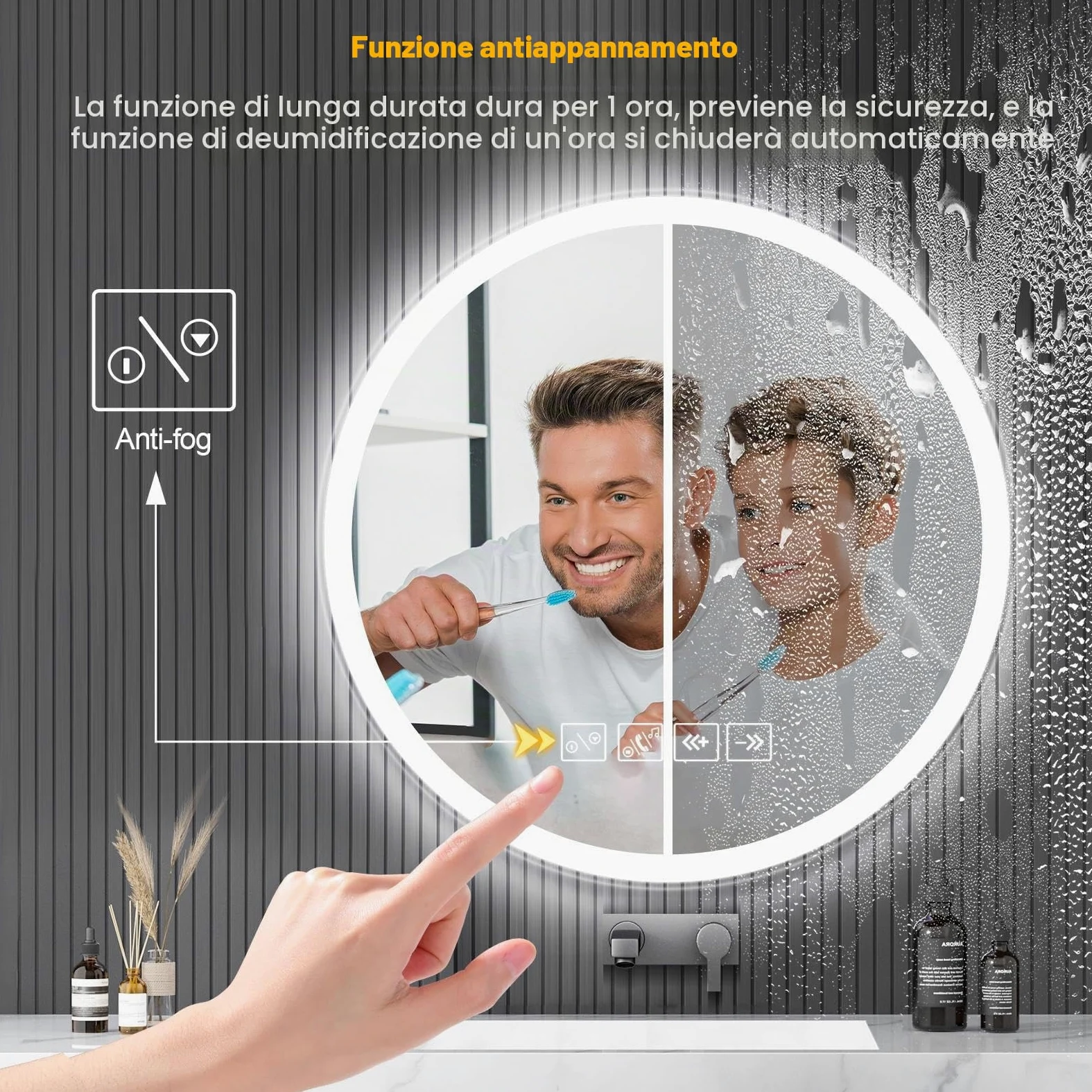 Specchio Bagno con Luce, Rotondo 60cm con Luce Regolabile, Bluetooth, Antiappannamento, Vetro Temperato HD – Funzione Memoria e Riproduzione Musicale