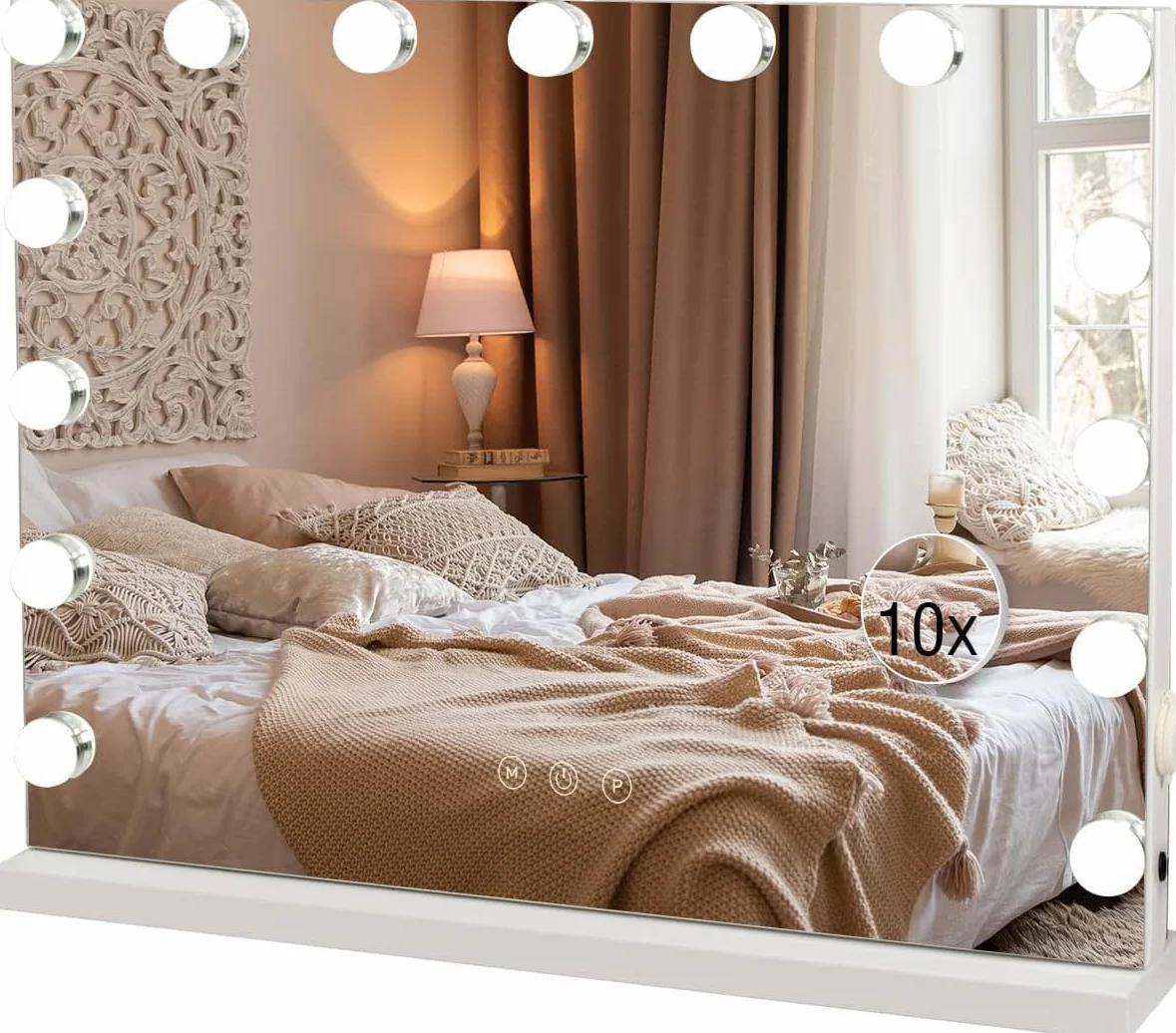 YU YUSING Specchio Trucco con Luci Hollywood, 58X45cm Specchio 15 Lampadine Led Trucco USB, 3 Temperature di Colore, Specchio da Tavolo 10X, Specchio Cosmetico da Parete, Controllo Tattile, Bianco