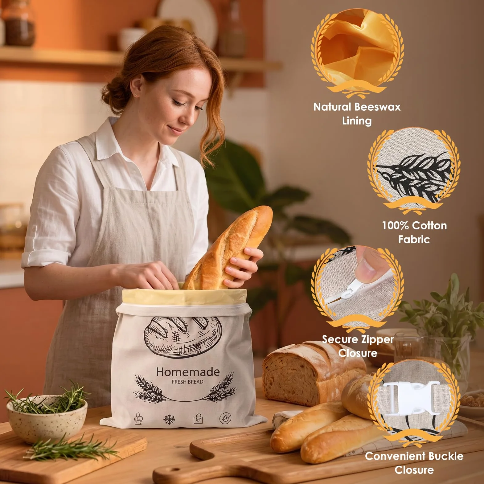 Lot di 2 Sacchetto Pane Cera D'api con Zip, 43×33 cm Sacchetti per Pane in Cera D'api, Congelatore, per Pane a Lievitazione Naturale Fatto in Casa