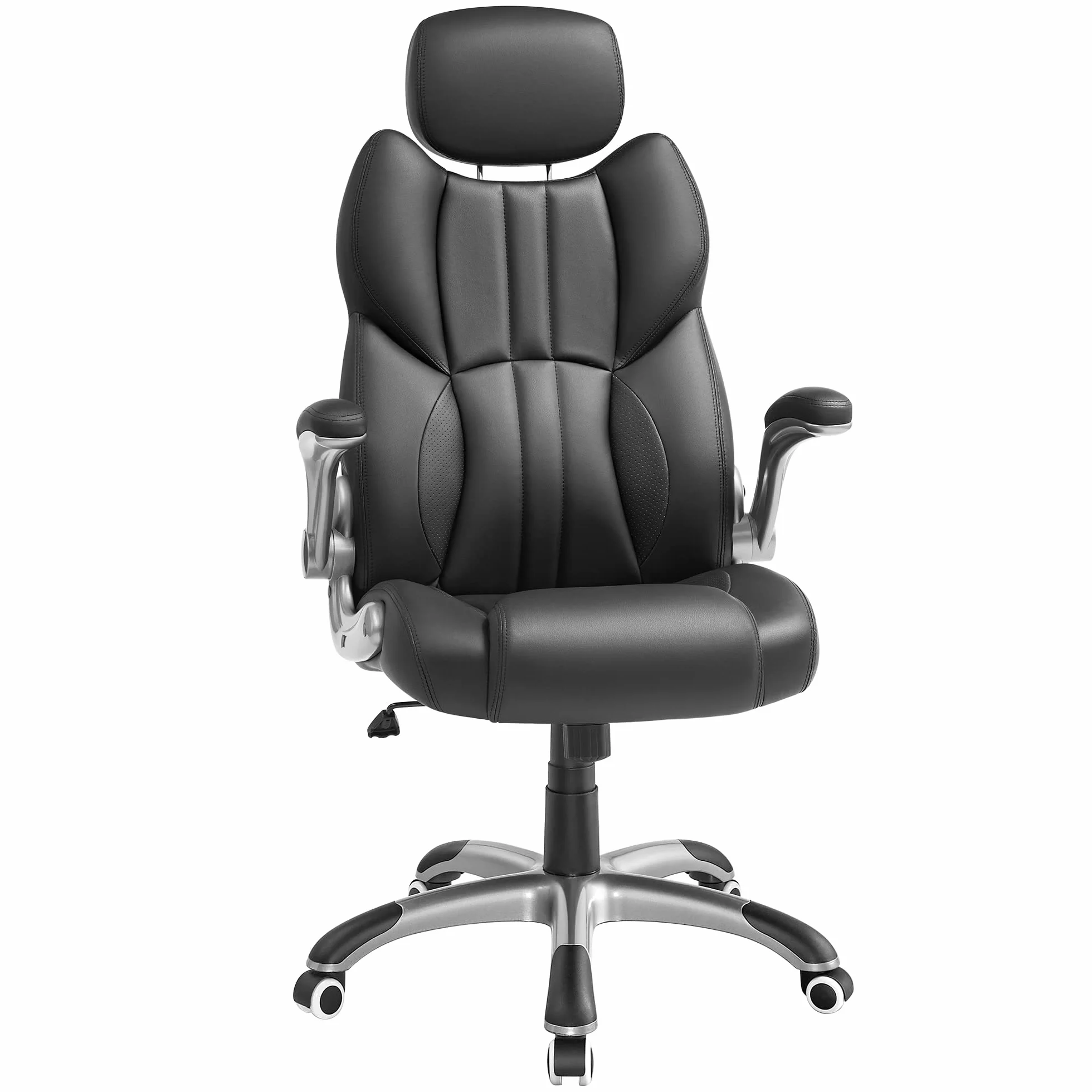 SONGMICS Sedia da Ufficio, Poltrona Girevole Ergonomica, con Braccioli Pieghevoli, Base a Stella in Nylon, Carico Massimo 150 kg, Nero OBG65BK
