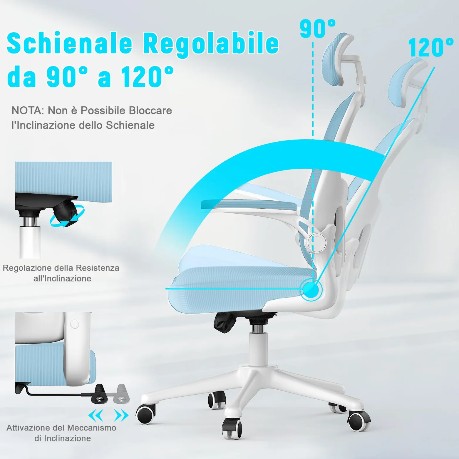 rattantree Sedia da Ufficio, Sedia Ufficio Scrivania con Poggiatesta Regolabile, Sedia Ergonomica per Computer con Braccioli Regolabili e Supporto Lombare per Home Office, Blu