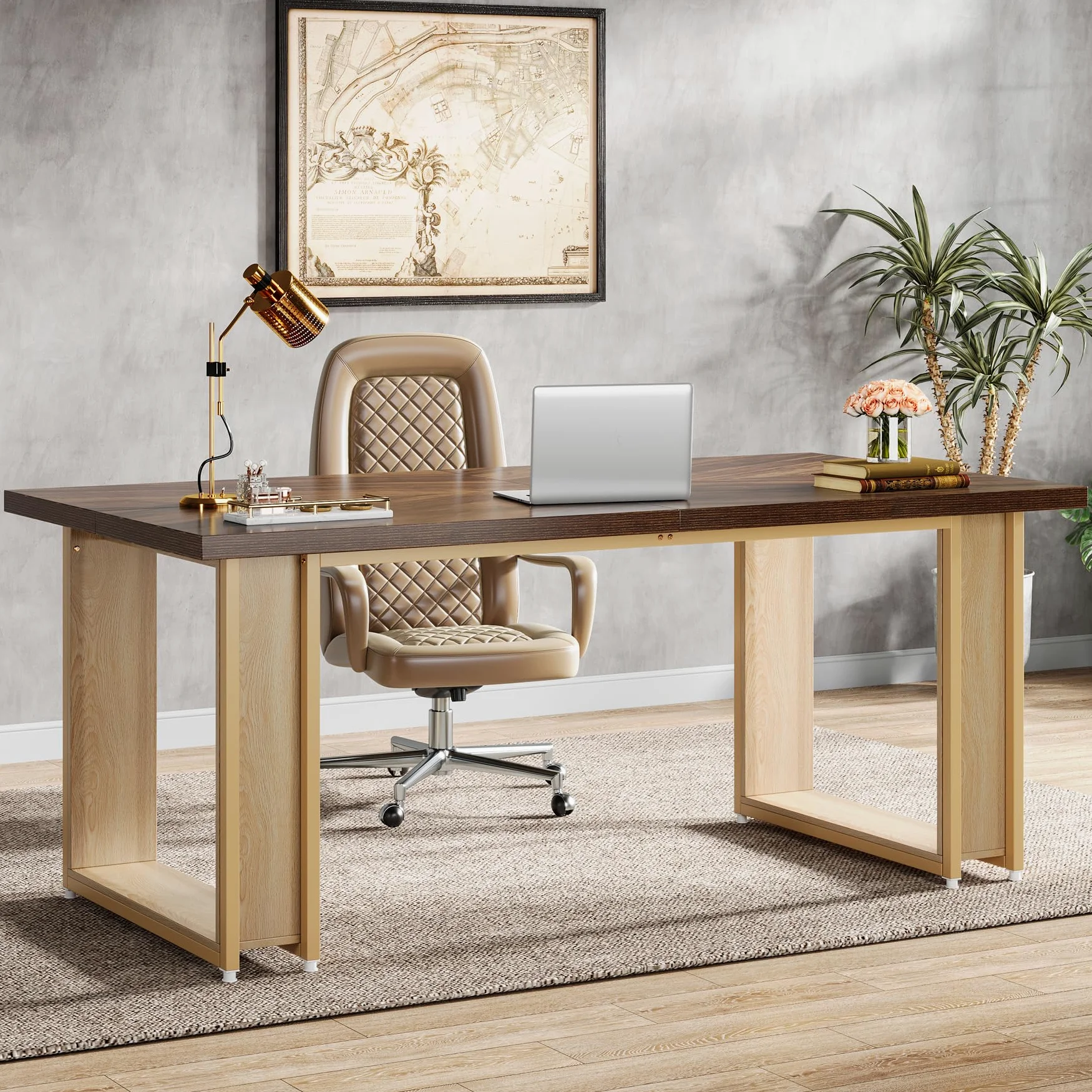 Tribesigns Scrivania da 160 cm, per ufficio, in legno, semplice tavolo da ufficio, grande scrivania rustica, marrone, spazio di lavoro aziendale, con telaio in metallo stabile
