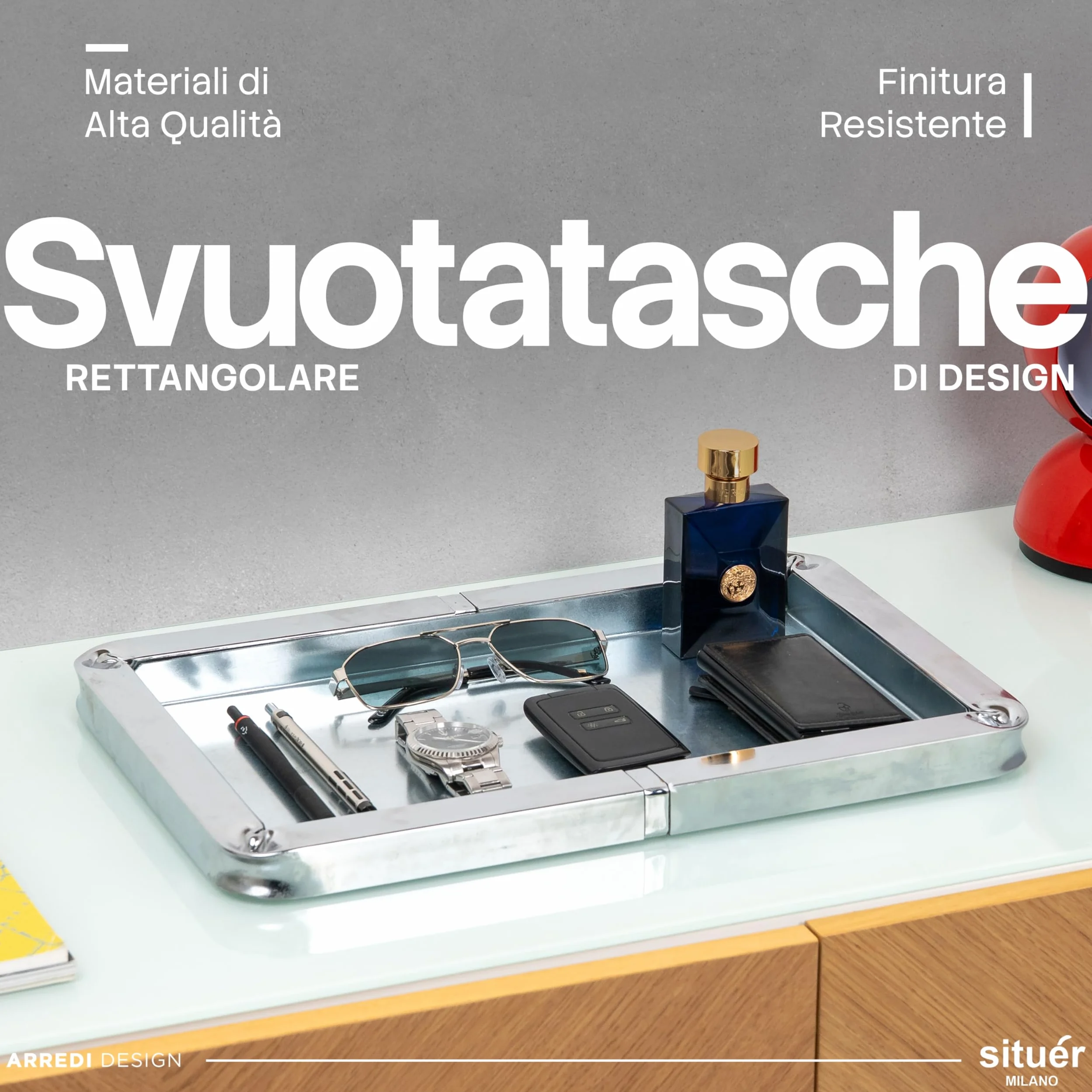 Situér Milano Svuotatasche Design Moderno con Piega Brevettata 40x25cm in Metallo Cromato Made in Italy - Vassoio Portaoggetti Versatile, Elegante e Raffinato