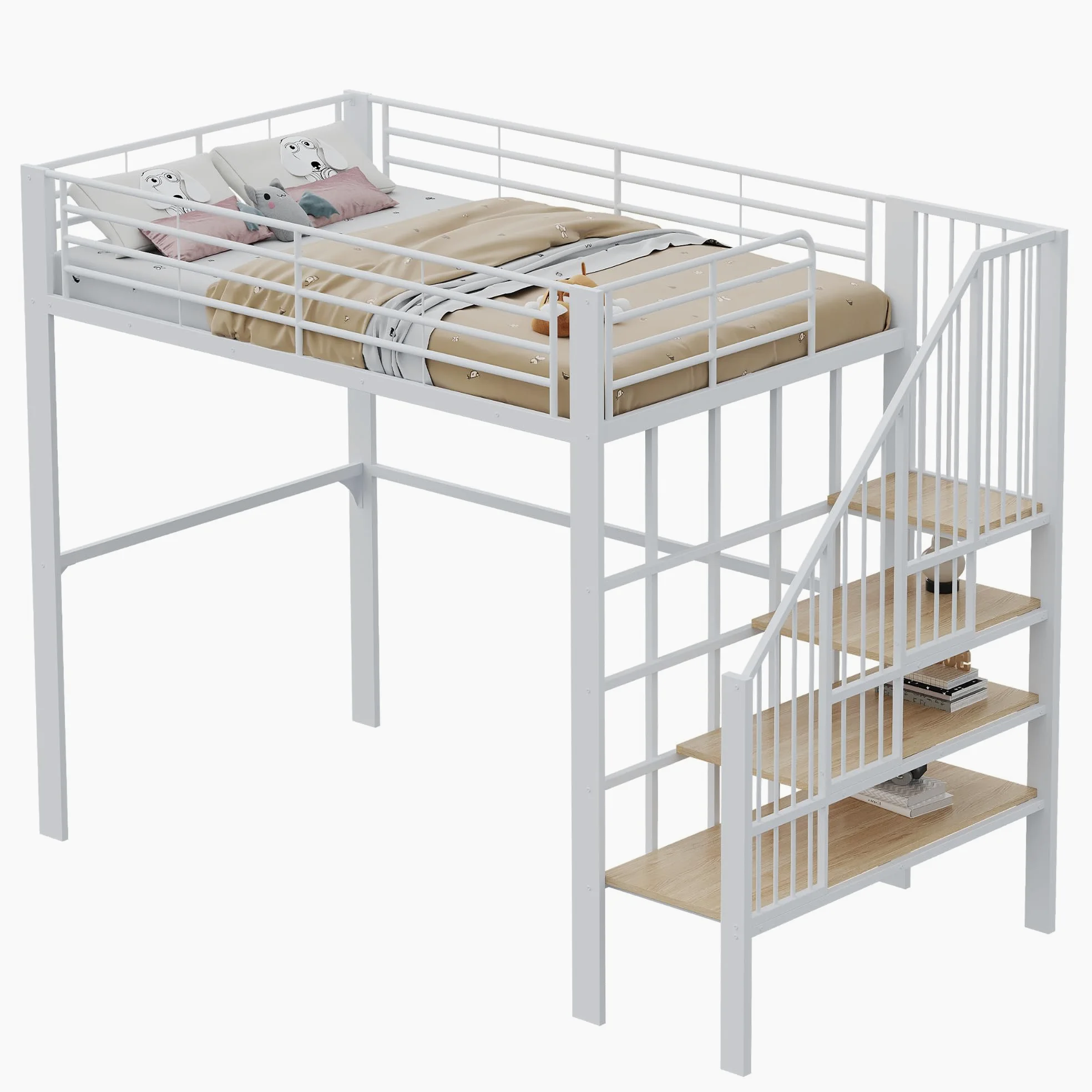 Letto a Soppalco 140x200 cm con Robusta Struttura in Metallo, Letto a Castello per bambini e e Adulti, Letto Multiuso con ampio spazio di stivaggio sotto il, Letto Bambini con Scala e Ringhiere
