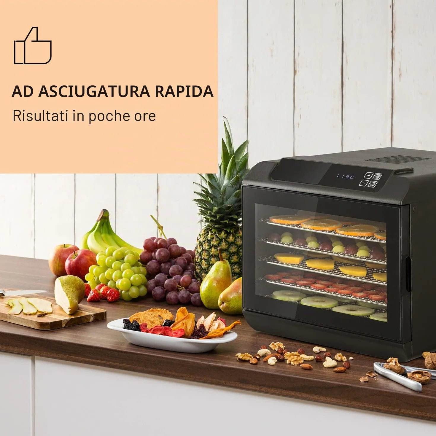 KLARSTEIN Arizona - Disidratatore, Essiccatore di Carne e Frutta, Essicatrice, 500 Watt, 35-70 ° C, 6 Ripiani Lavabili in Lavastoviglie, Nero