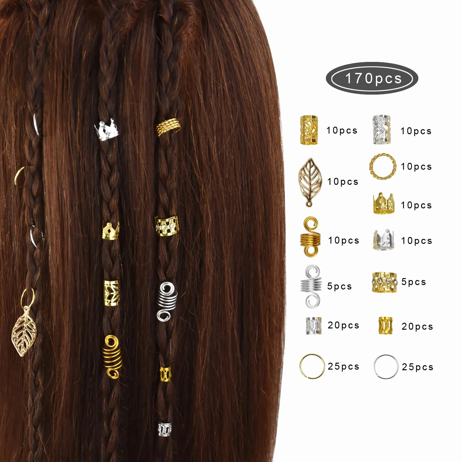 170 Pezzi Alluminio Dreadlocks Perline Accessori Gioielli Capelli (Oro, Argento)
