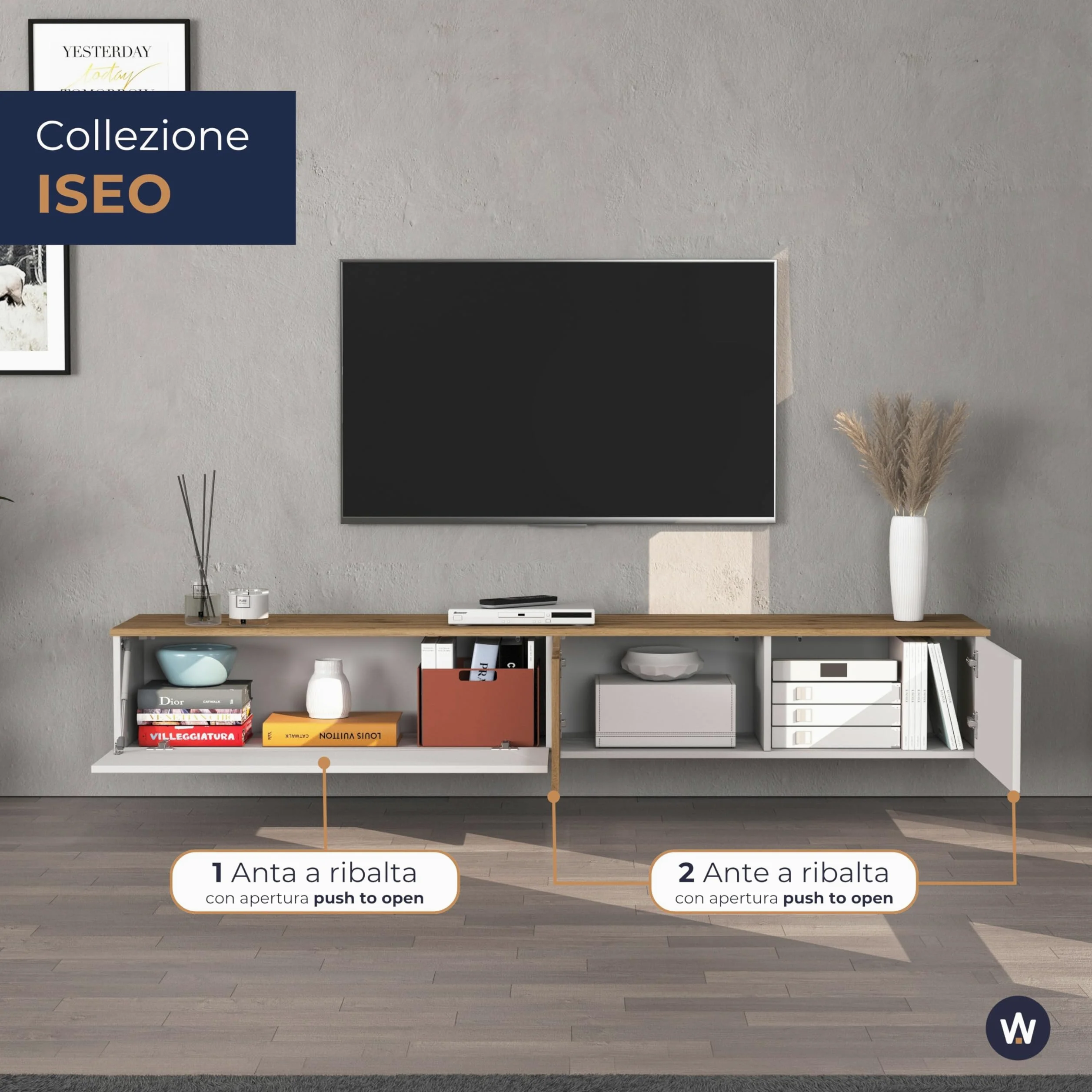 WHOUS Mobile Porta TV Sospeso ISEO per Soggiorno con 2 Ante e 1 a Ribalta, Mobile Tv a Parete per Salotto, 200x35x30 cm, Bianco Lucido e Rovere