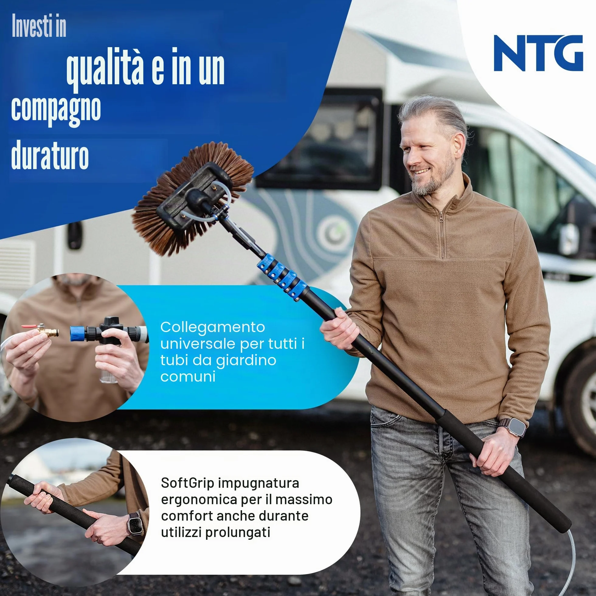 NTG Spazzola telescopica 1,68 – 7 m 3 in 1 con setole morbide + panno microfibra e estrattore acqua + dispenser sapone finestre, solare (fino a 4,6 m)