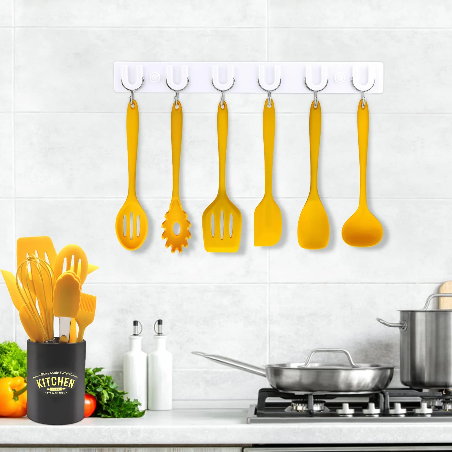 Set di utensili da cucina in silicone antiaderente con supporto in ferro, 11 pezzi (giallo)