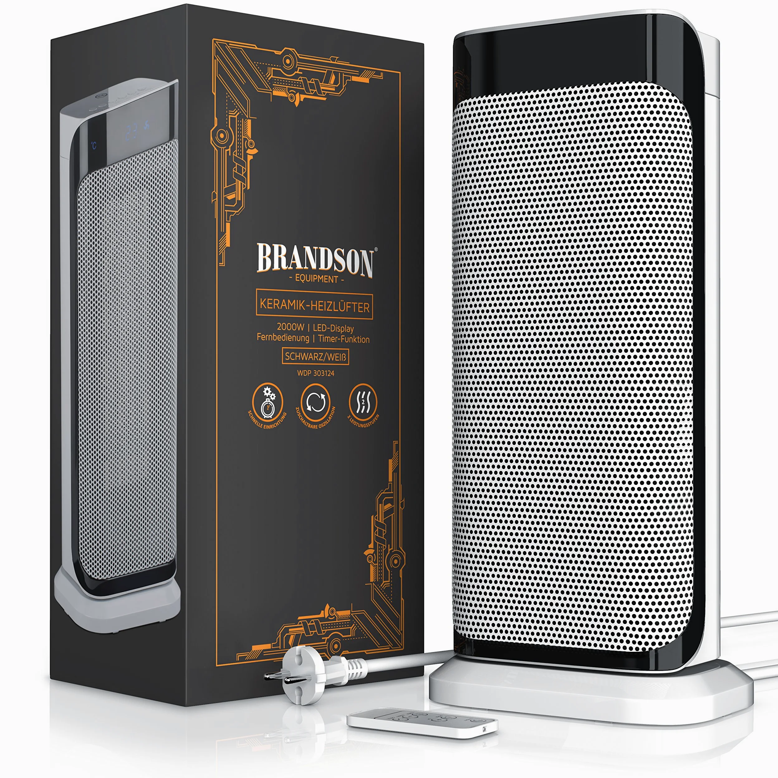 Brandson - Termoventilatore con Telecomando - Termoventilatore in Ceramica Bagno a Risparmio energetico, Silenzioso - Riscaldamento rapido con Funzione di Oscillazione - 2 Livelli di Riscaldamento -