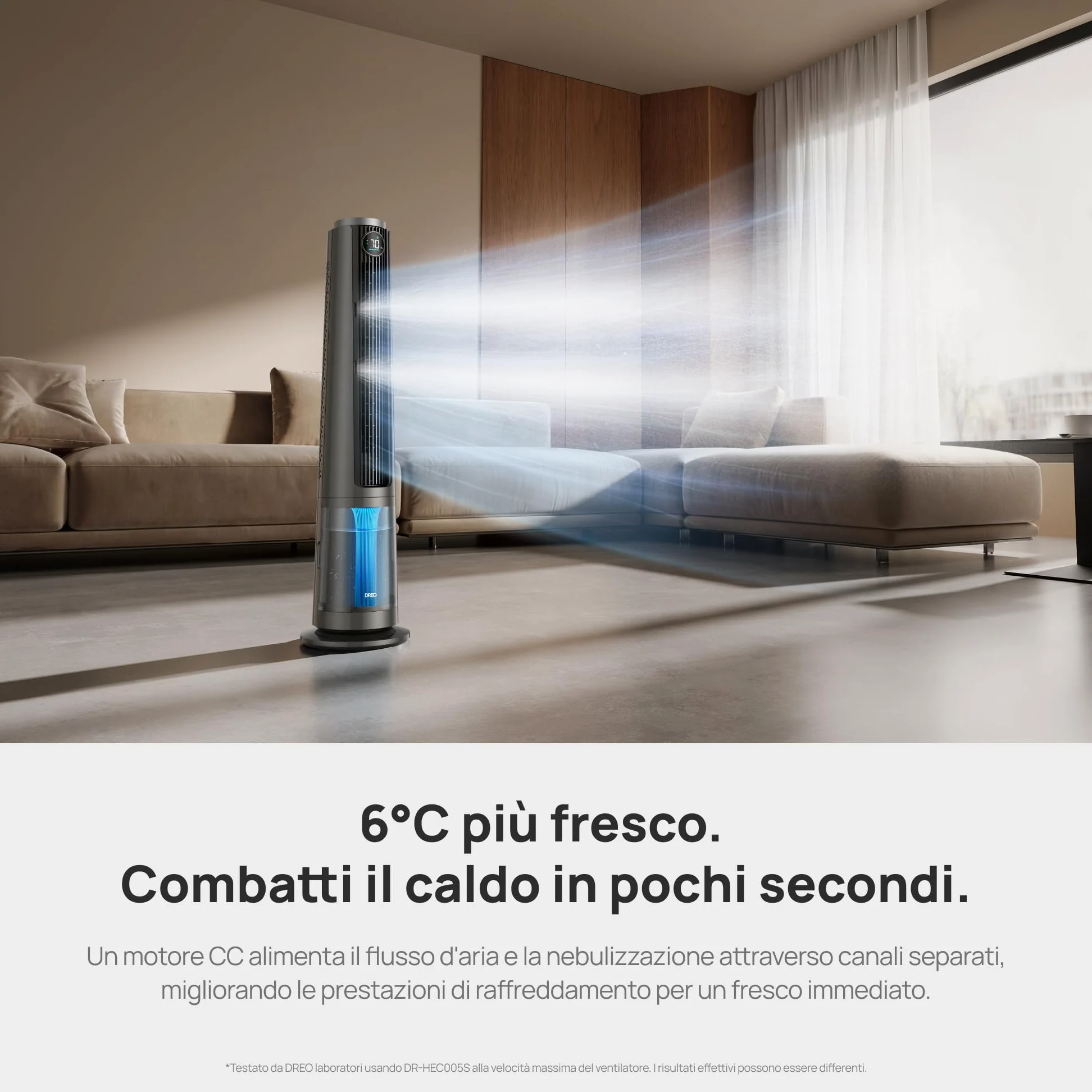 DREO TurboCool 765S - Ventilatore a Nebulizzazione 3 in1, Serbatoio 6L, 10.4m/s, Motore DC 20dB, 90° Oscillante, 12 Velocità, 4 Modalità, Raffreddamento Rapido per Camera da Letto