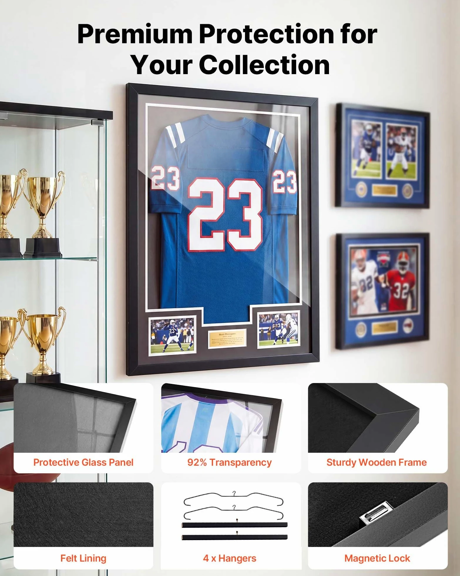 VEVOR Cornice per Maglia da Calcio, Cornice 2 pz per Maglie Sportive in Legno Pannello in PC Trasparente Protezione UV, Espositore per Maglie da Baseball Basket Calcio, 590 x 795 mm Collezionismo