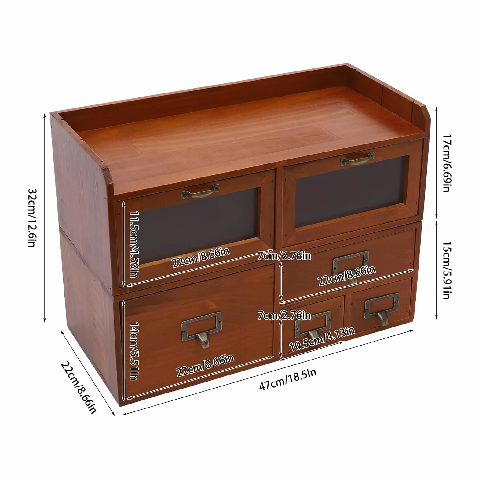Organizer da scrivania a 6 cassetti, in legno di pino, 47 x 22 x 32 cm, marrone | Cassettiera vintage in acrilico trasparente, per cancelleria, cosmetici, gioielli e piccoli oggetti di uso quotidiano