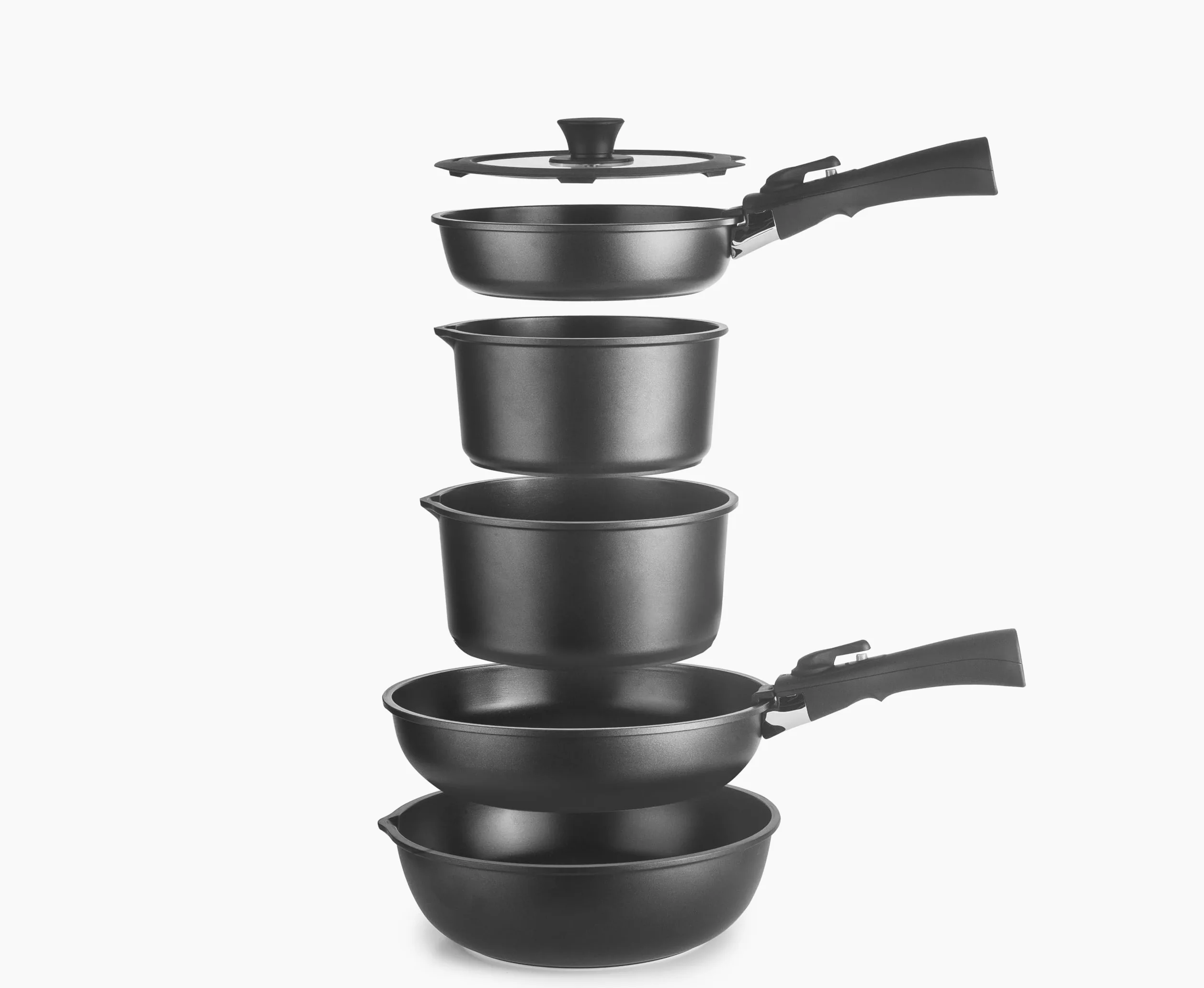 IBILI - Set batteria 9 pezzi Kompakto, padella 20-26 cm, padella profonda 26 cm, pentola 18-20 cm, coperchio 20-26 cm, 2 manici rimovibili, senza PFAS, alluminio pressofuso, impilabile, facile da