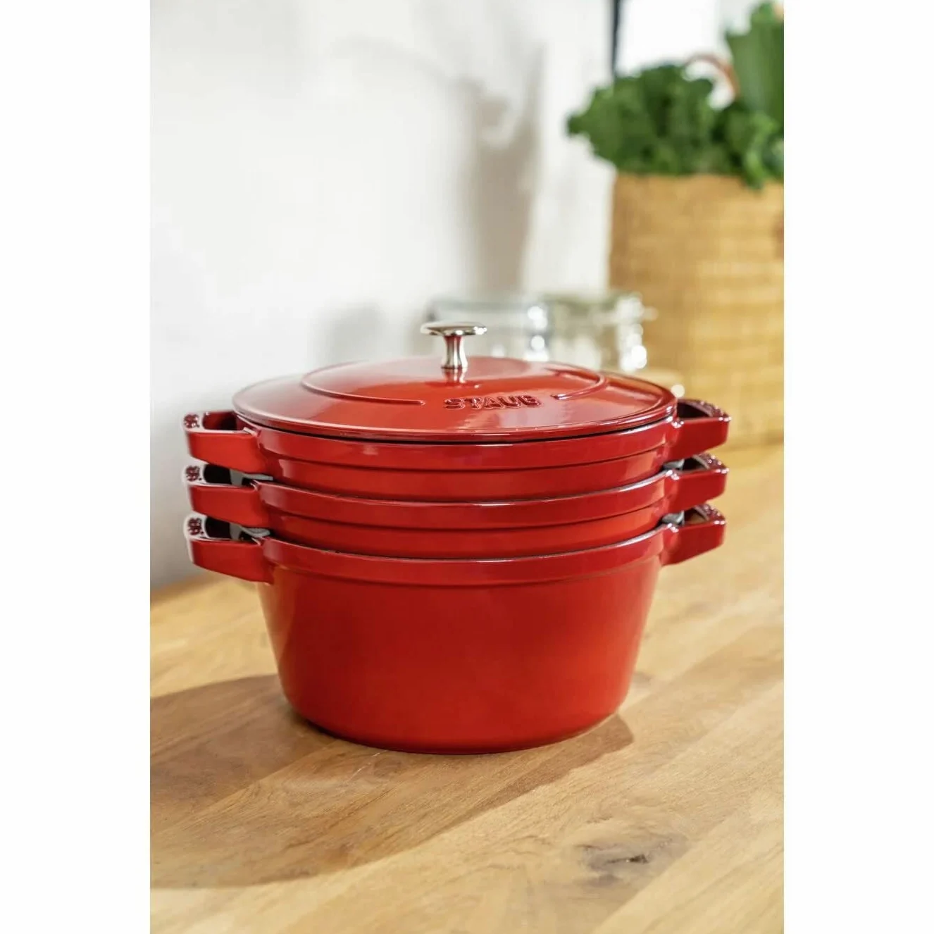 STAUB La Cocotte - Set di pentole rotonde in ghisa, 3 pezzi, colore: Rosso ciliegia