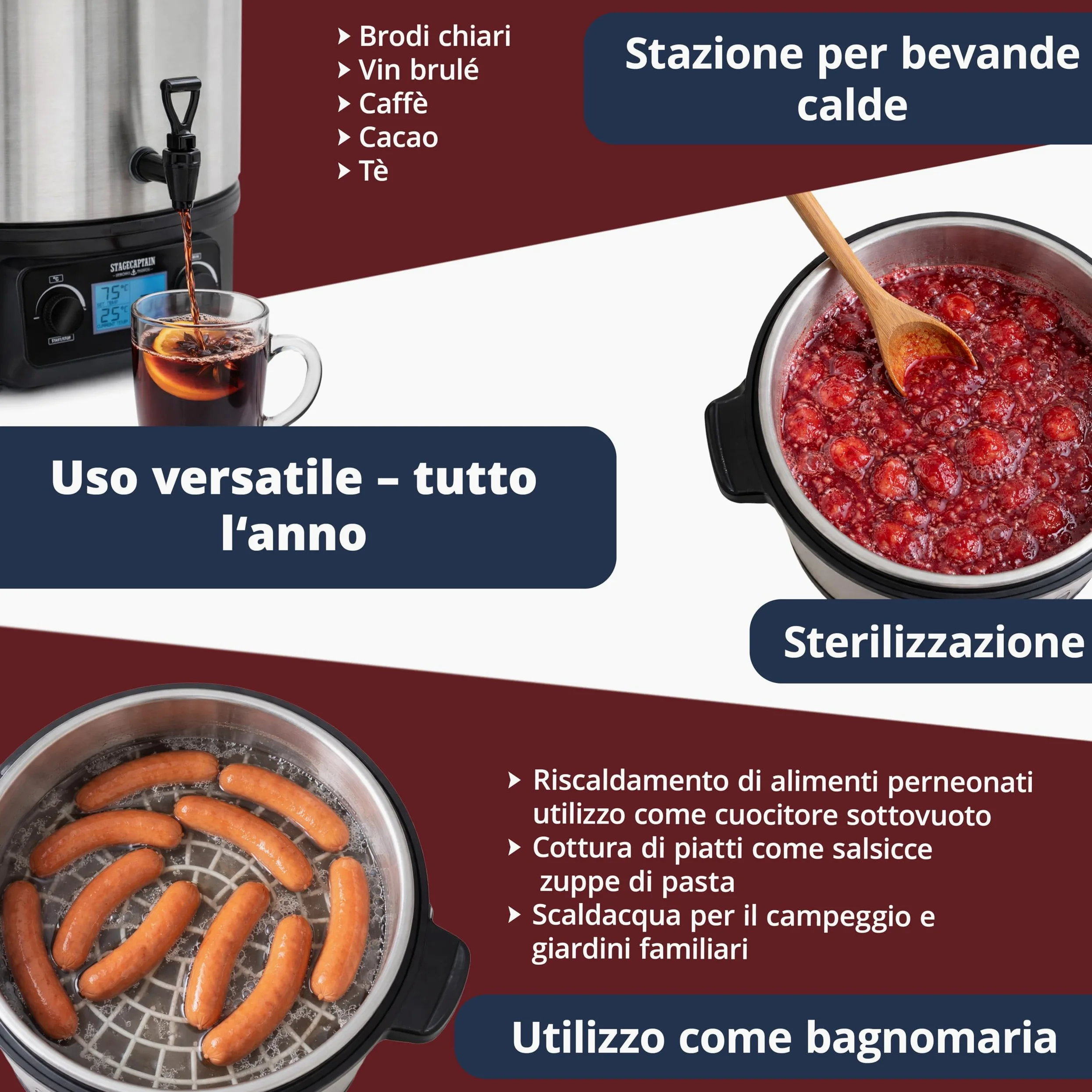 Stagecaptain GWK27D Scaldavino 27 L per vin brulé, bevande calde, marmellate, frutta e zuppe — 2000 W, acciaio inox, regolatore temperatura, timer, spegnimento automatico, display LCD