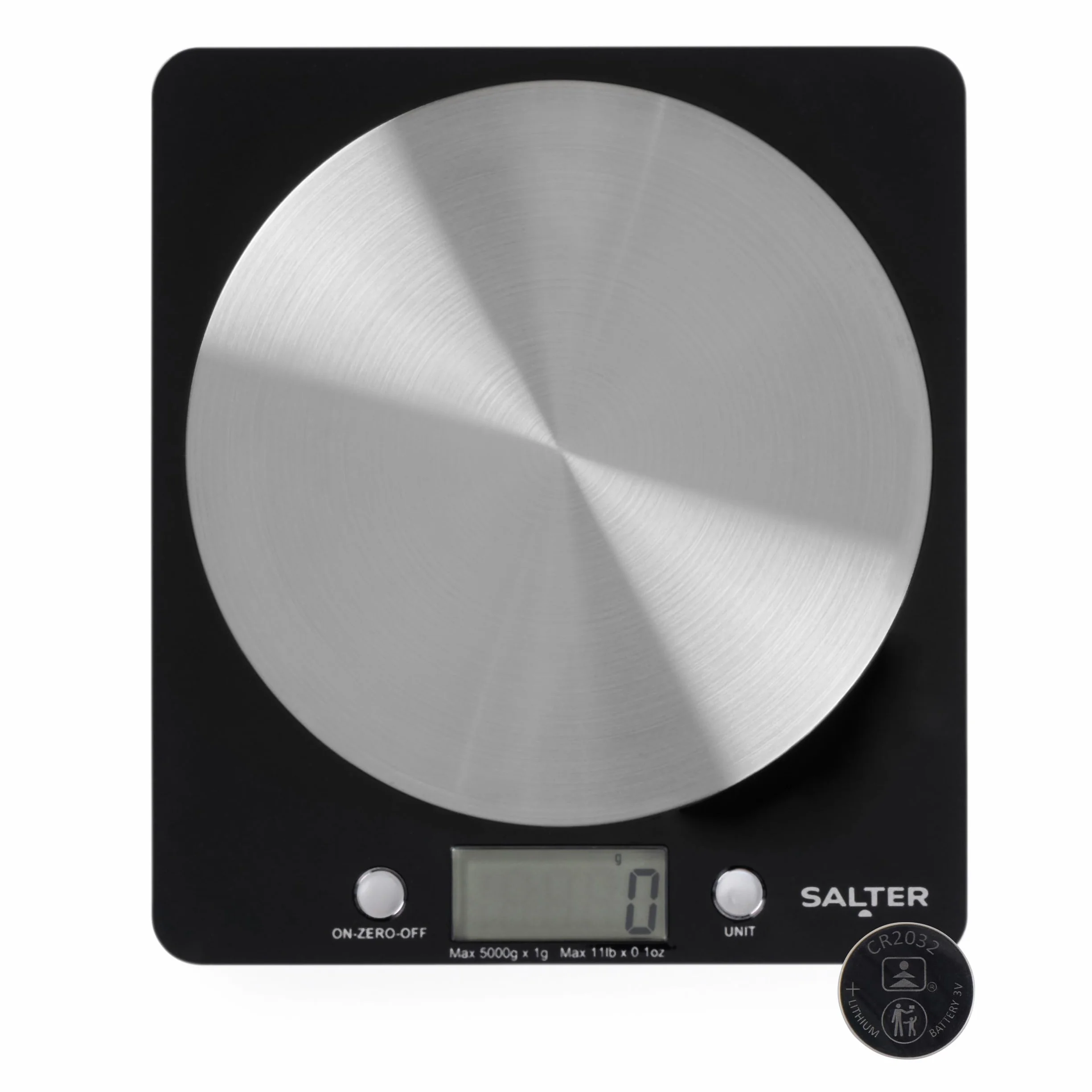 Salter 1036 BKSSDR - Bilancia elettronica a disco, vista in TV, design elegante e sottile, piattaforma in acciaio inox filato, aggiungi e pesa liquidi, capacità max di 5 Kg, Nero/cromato