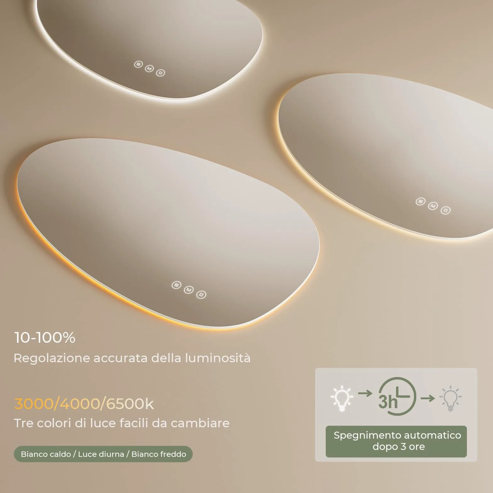 S'AFIELINA Specchio da bagno con luci a LED,75 x 55 cm,con interruttore Smart Touch,luce dimmerabile in 3 colori,anti-appannamento,funzione memoria,retroilluminato,specchio bagno asimmetrico