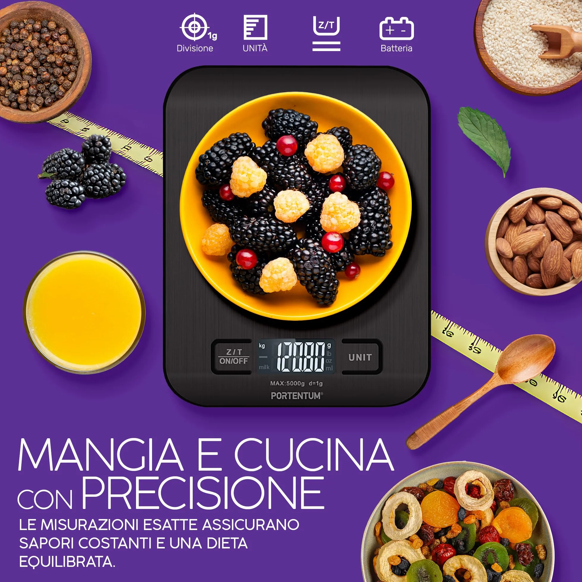 PORTENTUM Bilancia da Cucina Acciaio Inossidabile 5 kg LCD, Nero