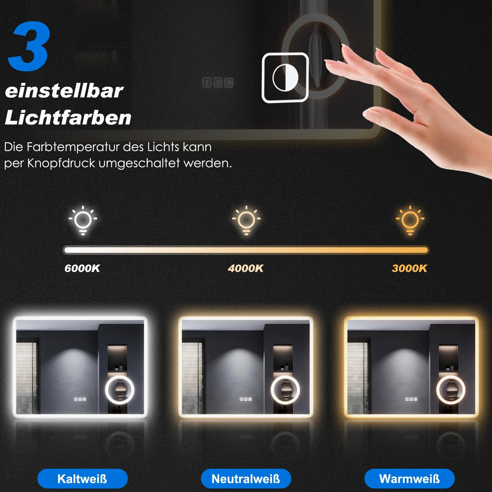 SONNI Specchio da bagno a LED con Bluetooth, 100 x 60 cm, specchio da bagno con illuminazione e touch, presa elettrica, 3 colori di luce, anti-appannamento e funzione di memoria, ingrandimento 3 x