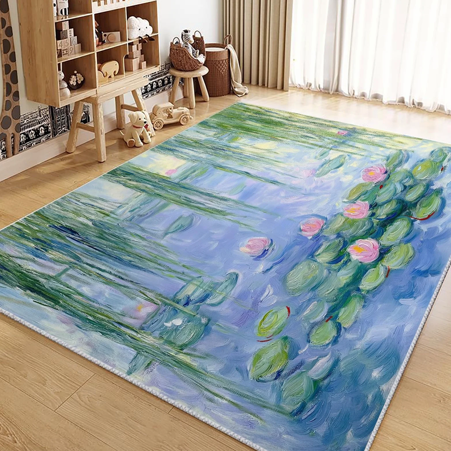 Tappeto verde per laghetto con ninfee, 160 x 230 cm, a pelo corto, moderno, per soggiorno e camera da letto, con retro antiscivolo resistente, lavabile in lavatrice, per l'arredamento della casa.