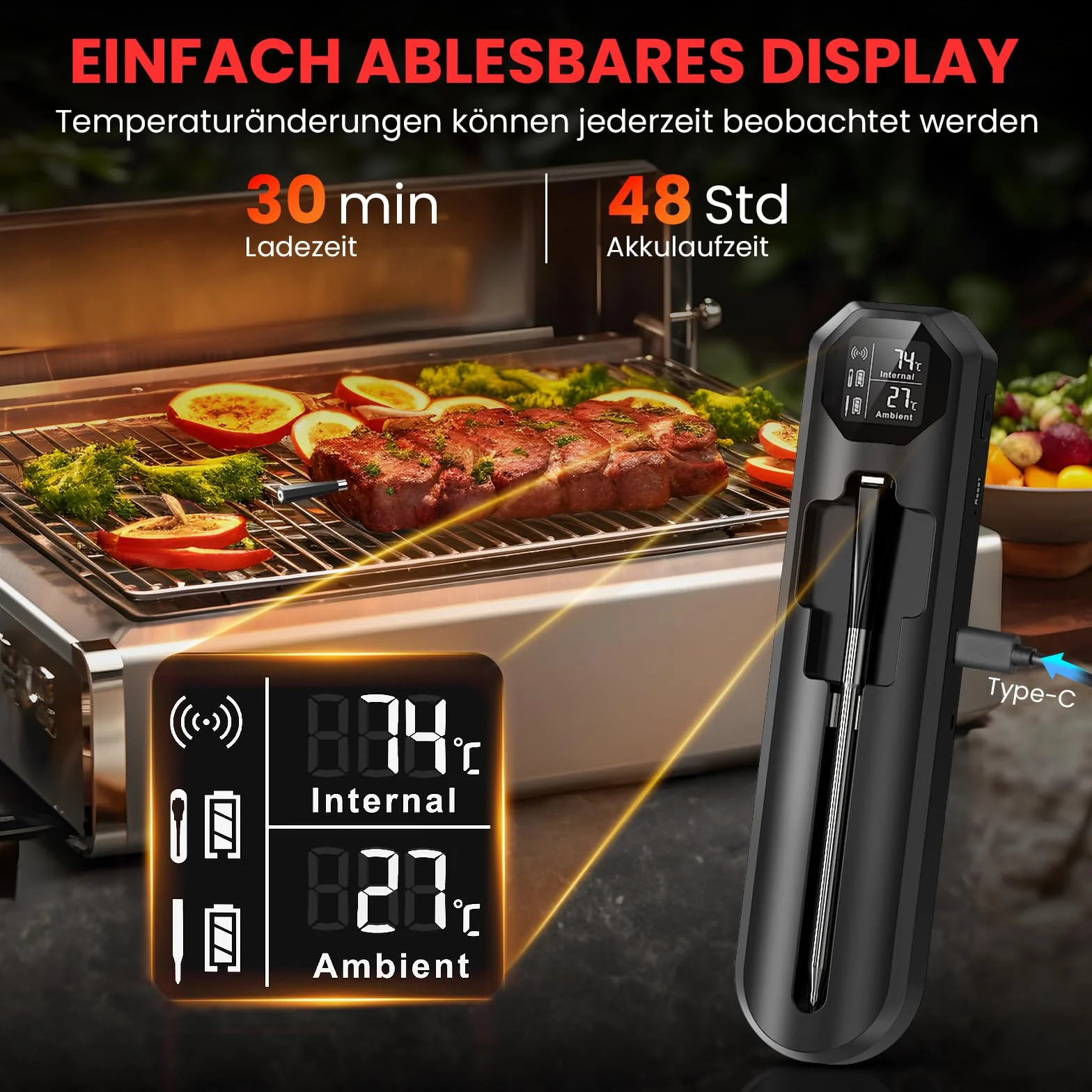 Termometro Carne Bluetooth IP67 Impermeabile Wireless per BBQ Forno Grill