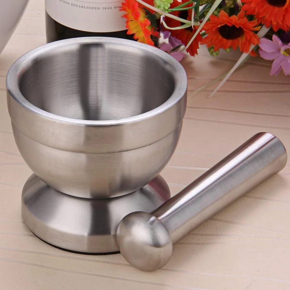 18/8 Doppio In Acciaio Inox Pillola Crusher Food Safe Spice Grinder Mortaio e Pestello Piedistallo Set Ciotola Pesto Polvere Aglio Press Pot Herb Mills Tritacarne