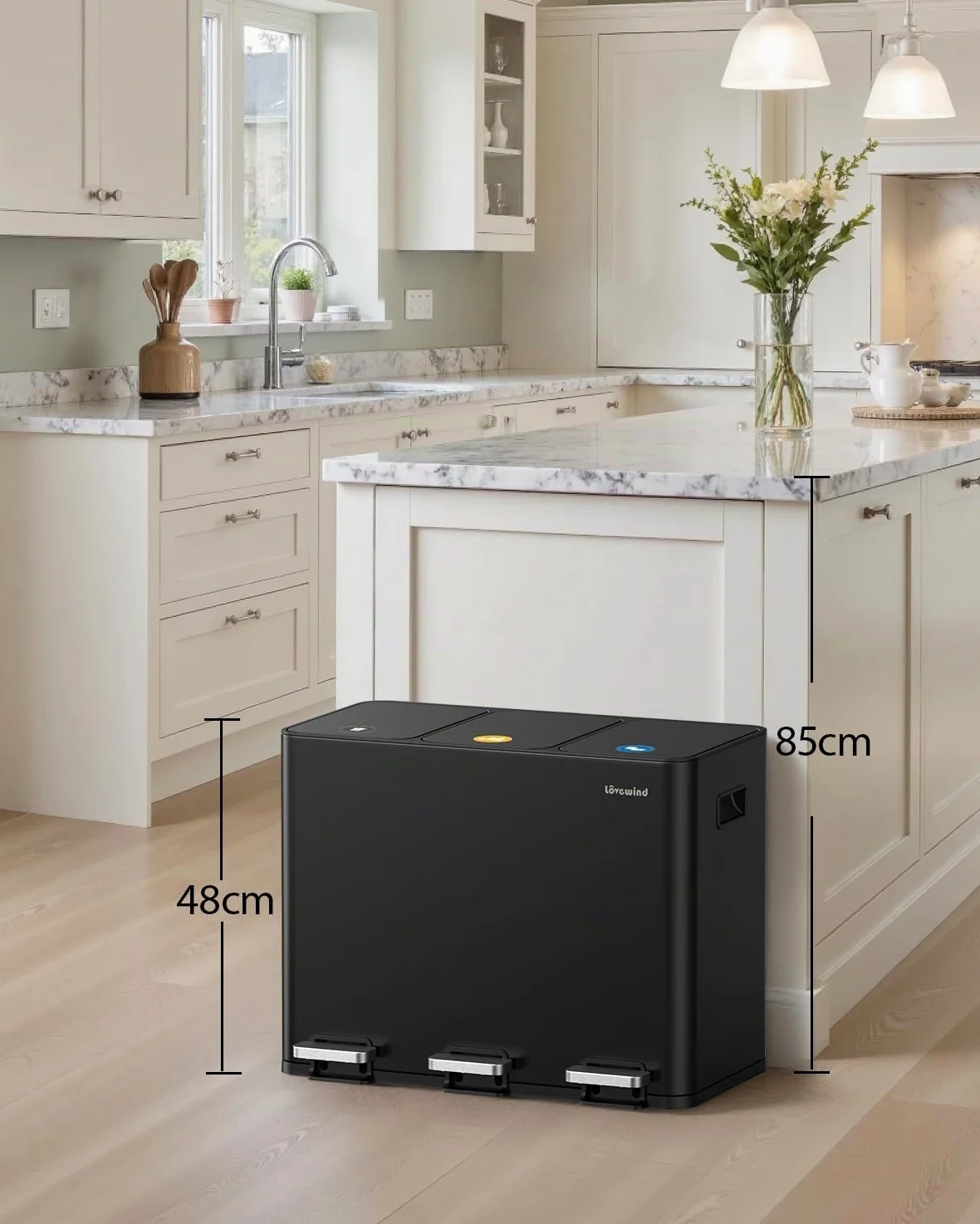 lovewind Kitchen Bin, 3 X 15 L Bidone Di Riciclaggio, Pattumiera 3 Scomparti Per Riciclo E Rifiuti, Etichette Magnetiche Incluse, Coperchi Soft-Close, Pedali, Secchi Interni, Acciaio, Nero